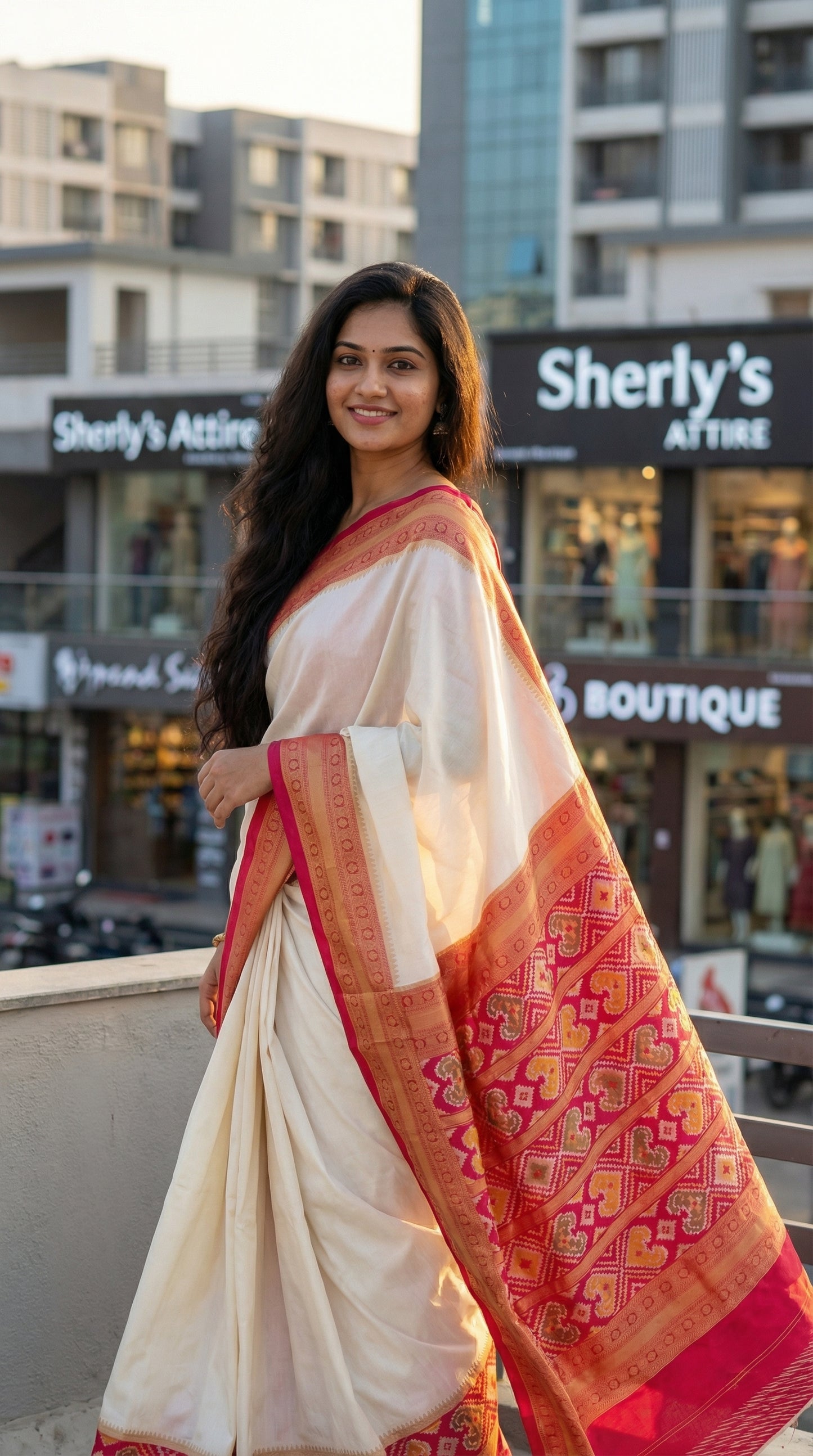 The Heritage Ivory Fusion – Off-White & Crimson Patola Silk Saree