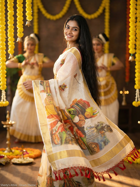 Kerala Heritage Mural Print Kasavu Sari