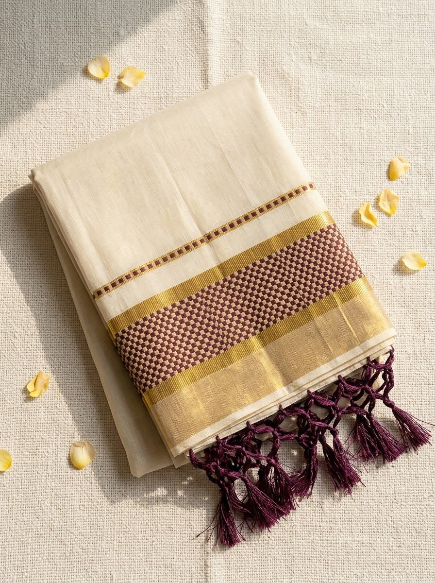 Balaramapuram Heritage – Handloom Cotton Kasavu Saree with Wine Checkered Border