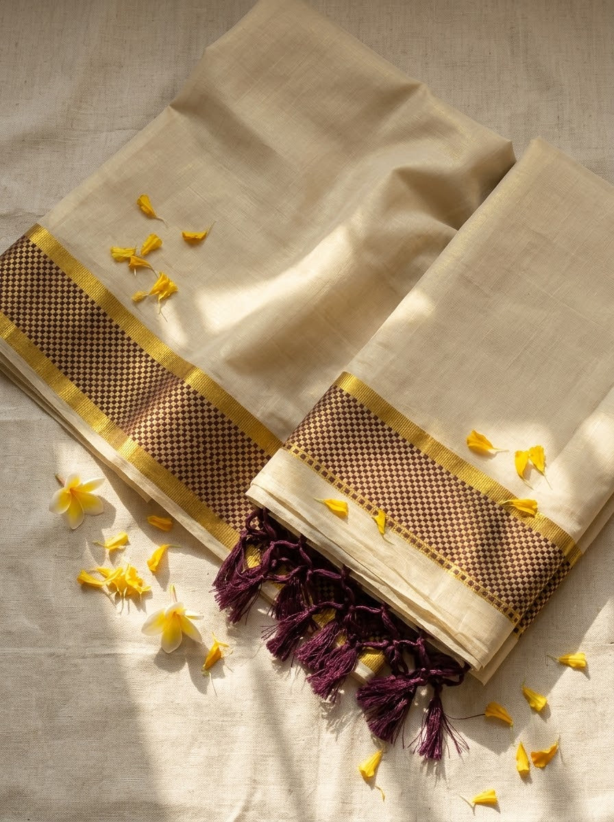 Balaramapuram Heritage – Handloom Cotton Kasavu Saree with Wine Checkered Border