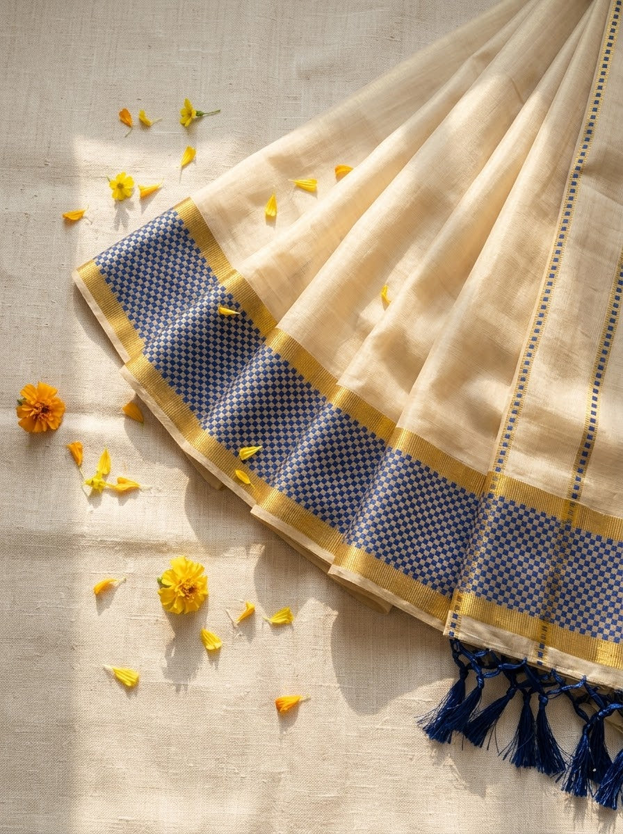 Balaramapuram Heritage – Handloom Cotton Kasavu Saree with Wine Checkered Border