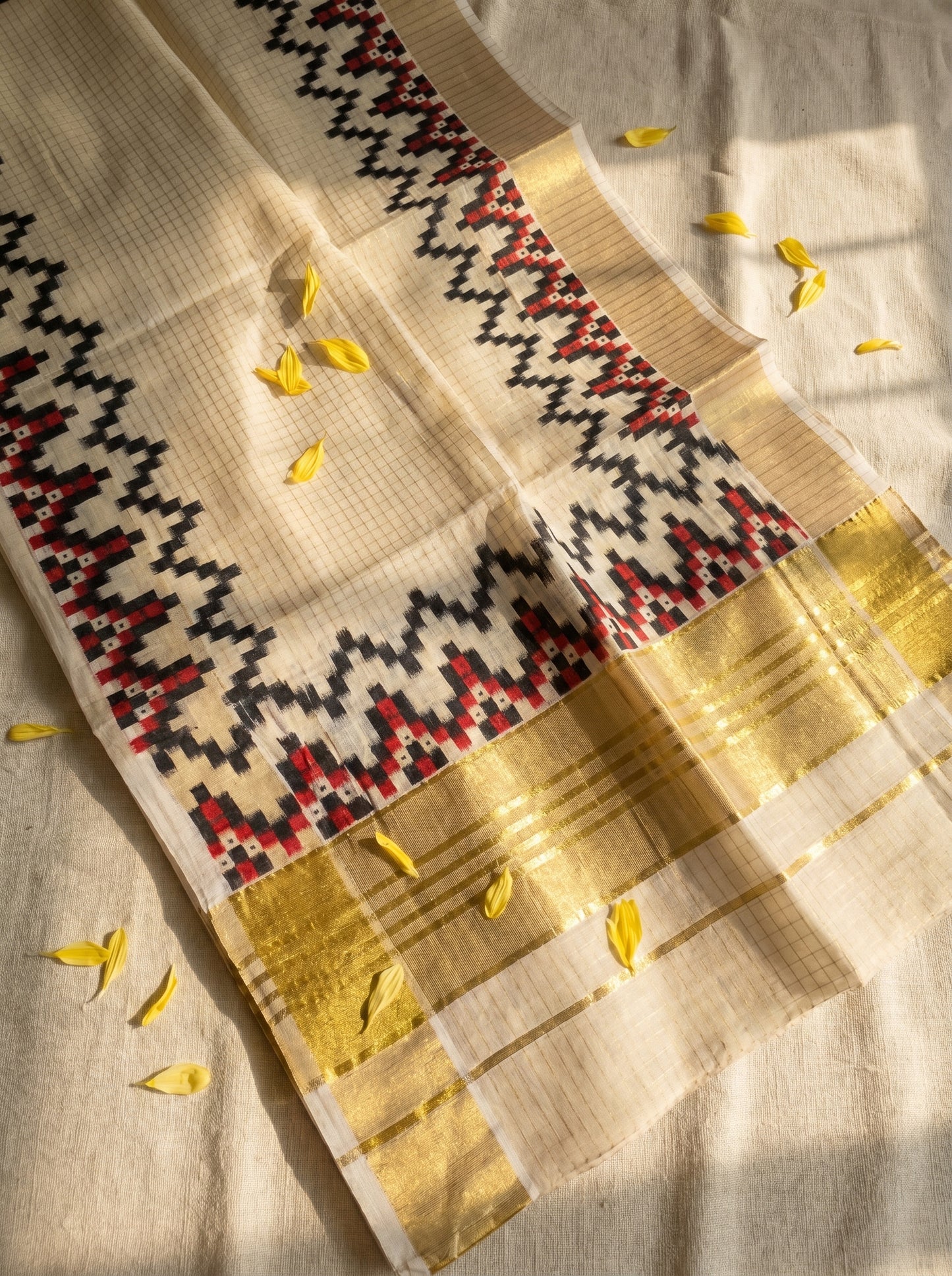 Tissue Cotton Kasavu Saree with Red & Black Threadwork