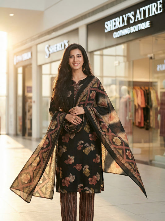 Midnight Bloom – Black & Earthy Floral Cotton Salwar Suit Set