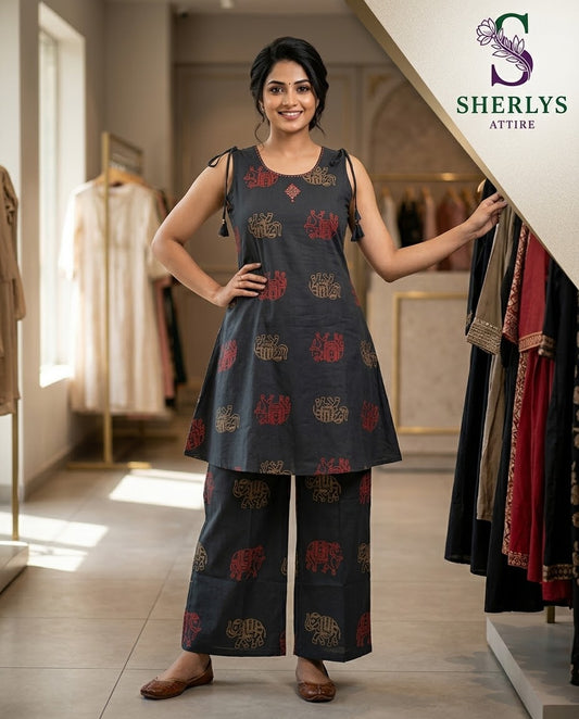 Charcoal Grey Heritage Elephant Print Sleeveless Cotton Kurti Set