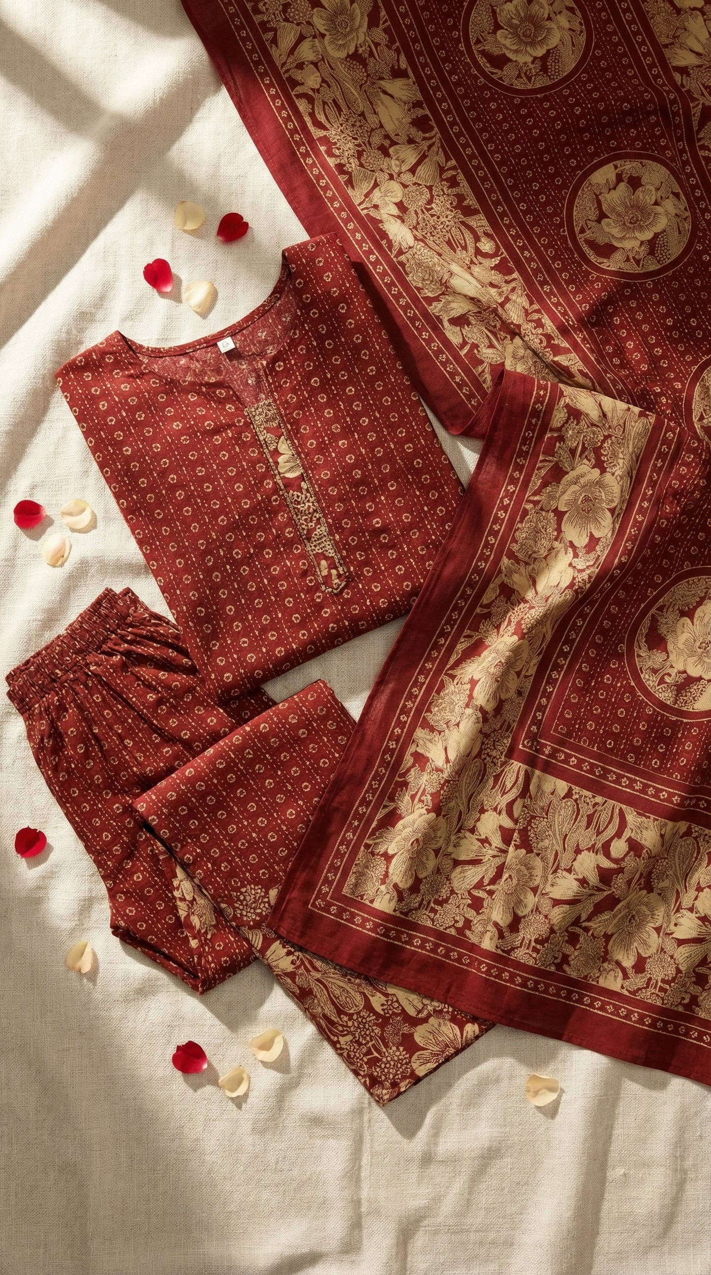 Earthy Maroon & Cream Floral Cotton Salwar Suit Set