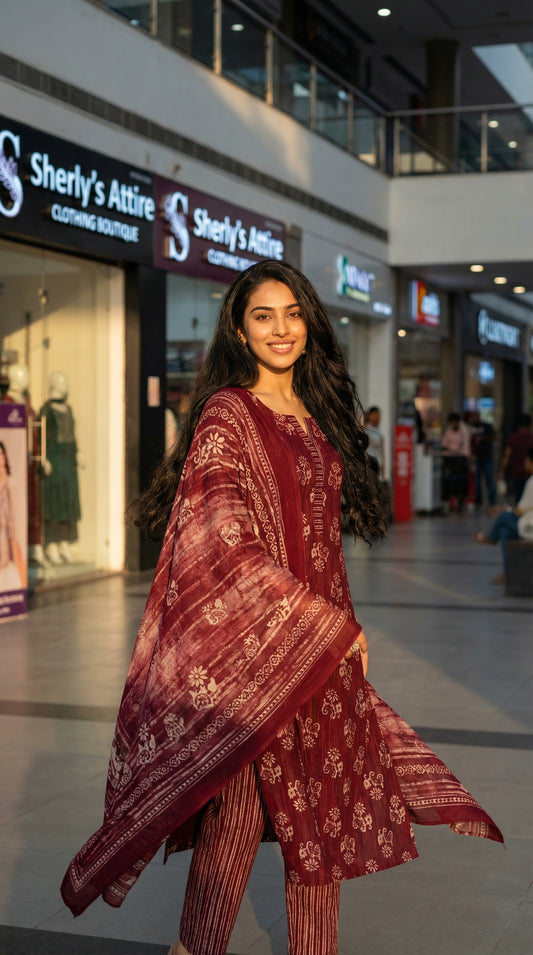 The Rustic Vineyard – Wine Red Block-Printed Cotton Salwar Set