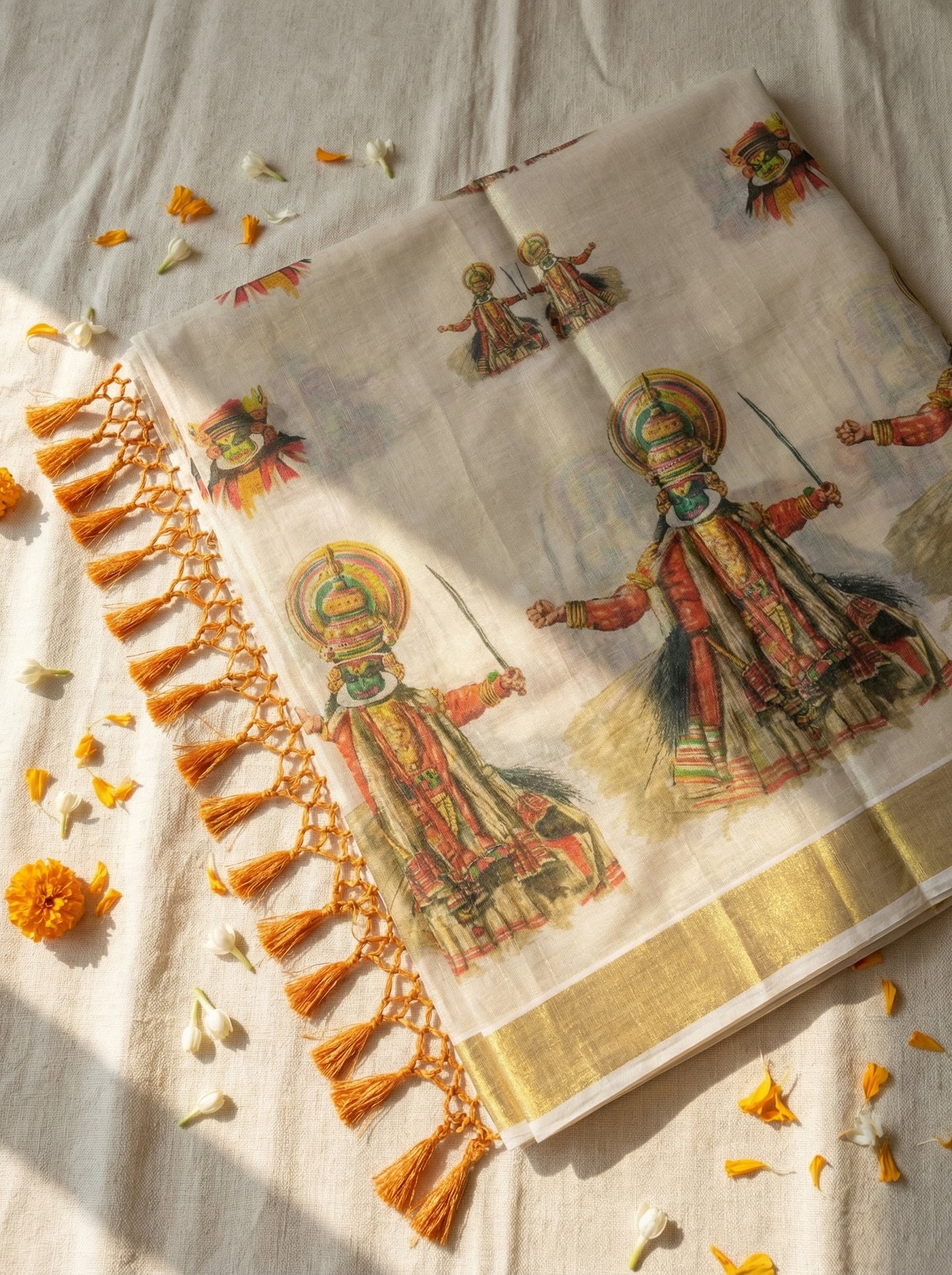 Kerala Heritage Mural Print Kasavu Sari