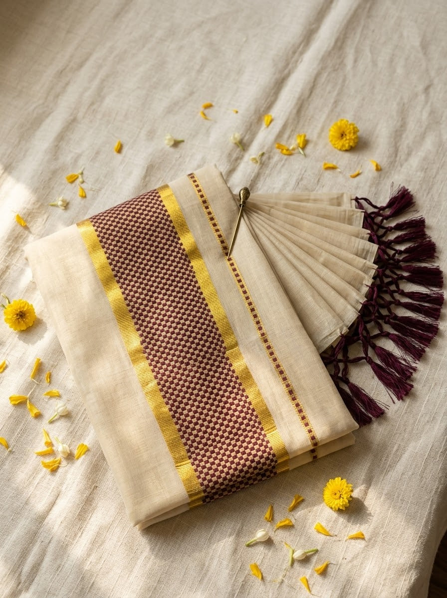 Balaramapuram Heritage – Handloom Cotton Kasavu Saree with Wine Checkered Border