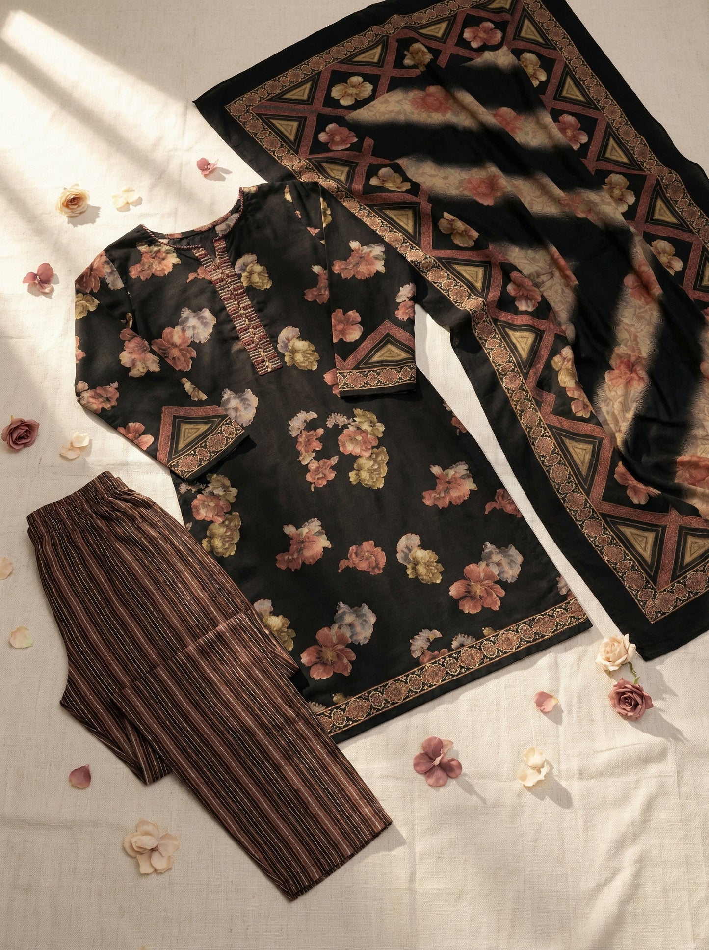 Midnight Bloom – Black & Earthy Floral Cotton Salwar Suit Set