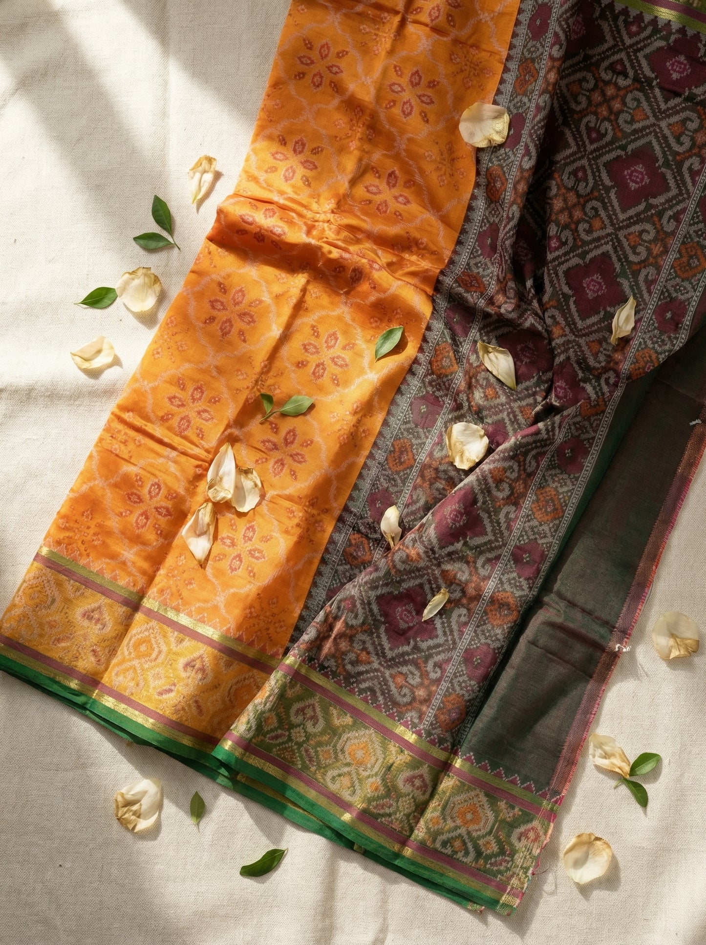 The Golden Harvest – Mustard & Deep Maroon Patola Silk Saree