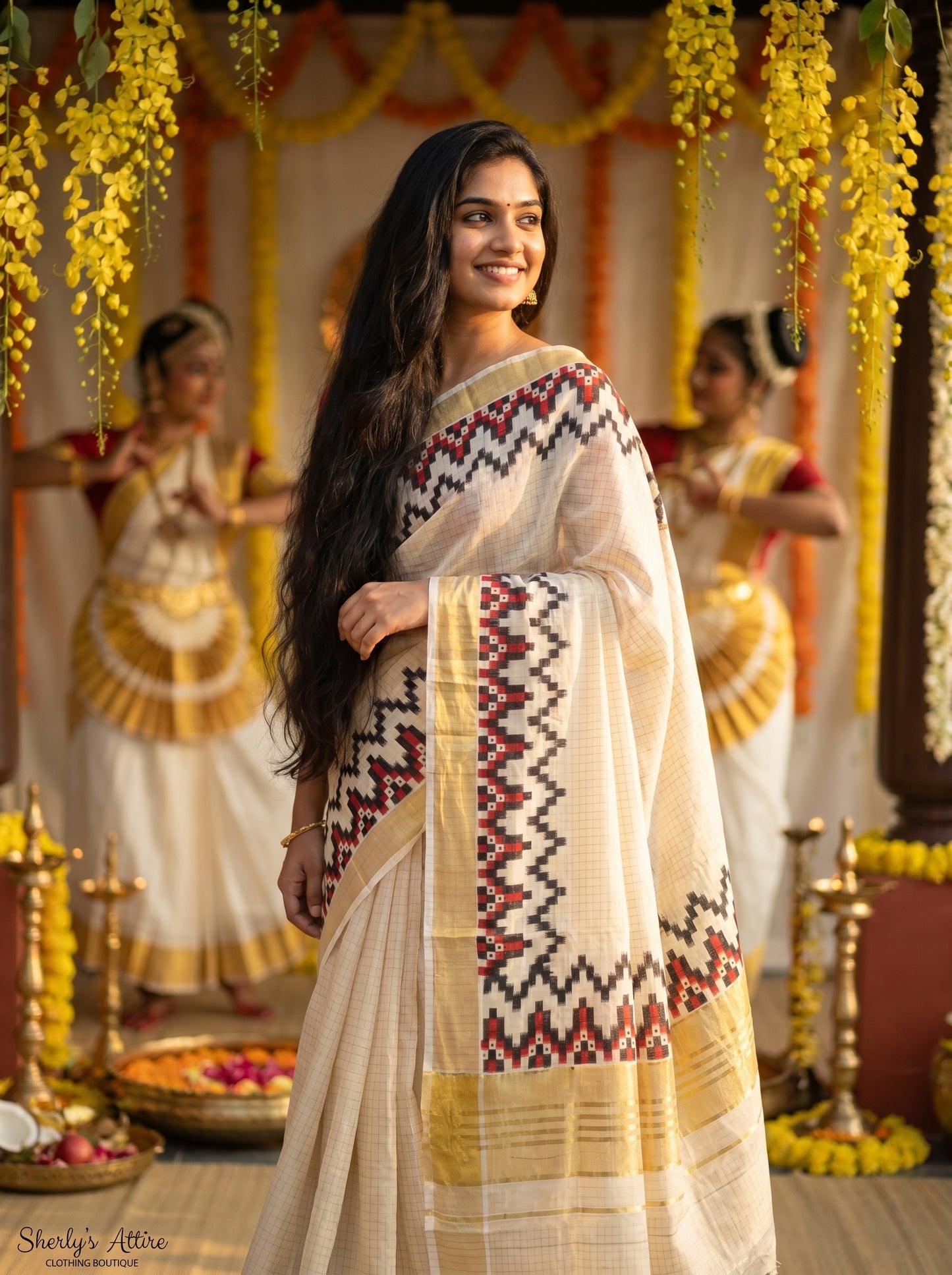 Tissue Cotton Kasavu Saree with Red & Black Threadwork