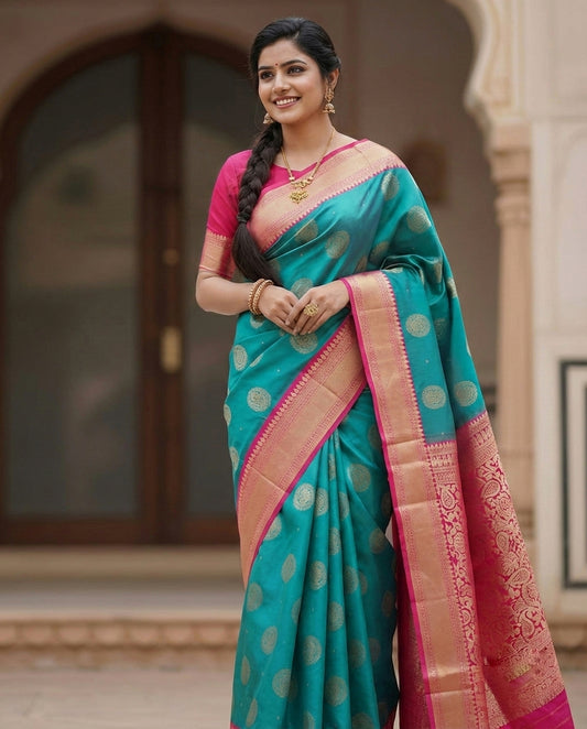 Elegant Teal Blue Silk Saree with Contrast Pink Border & Intricate Gold Zari Work