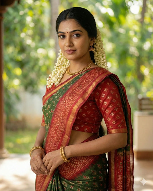 Woman in a traditional red and green saree with jewelry against a blurred natural background

