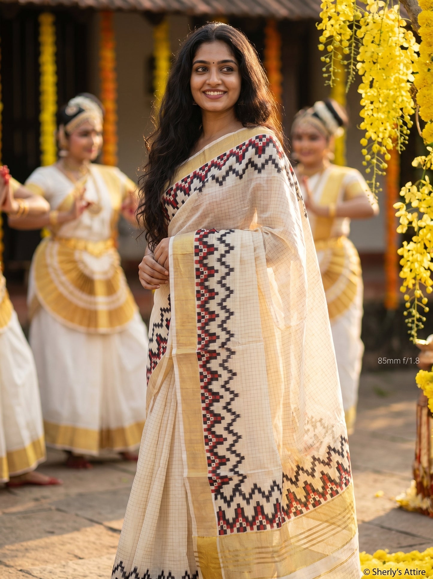 Tissue Cotton Kasavu Saree with Red & Black Threadwork
