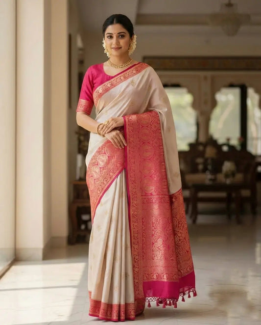 Elegant Cream & Fuchsia Pink Silk Saree with Intricate Gold Zari Work