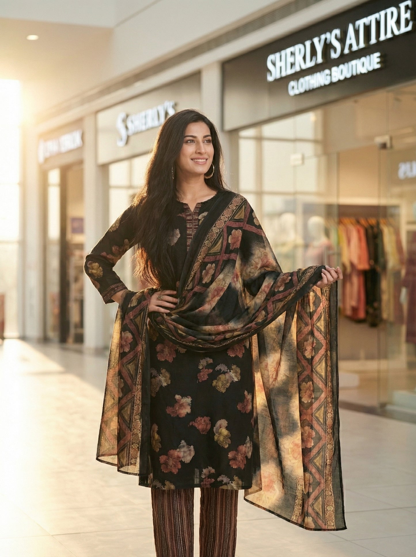 Midnight Bloom – Black & Earthy Floral Cotton Salwar Suit Set