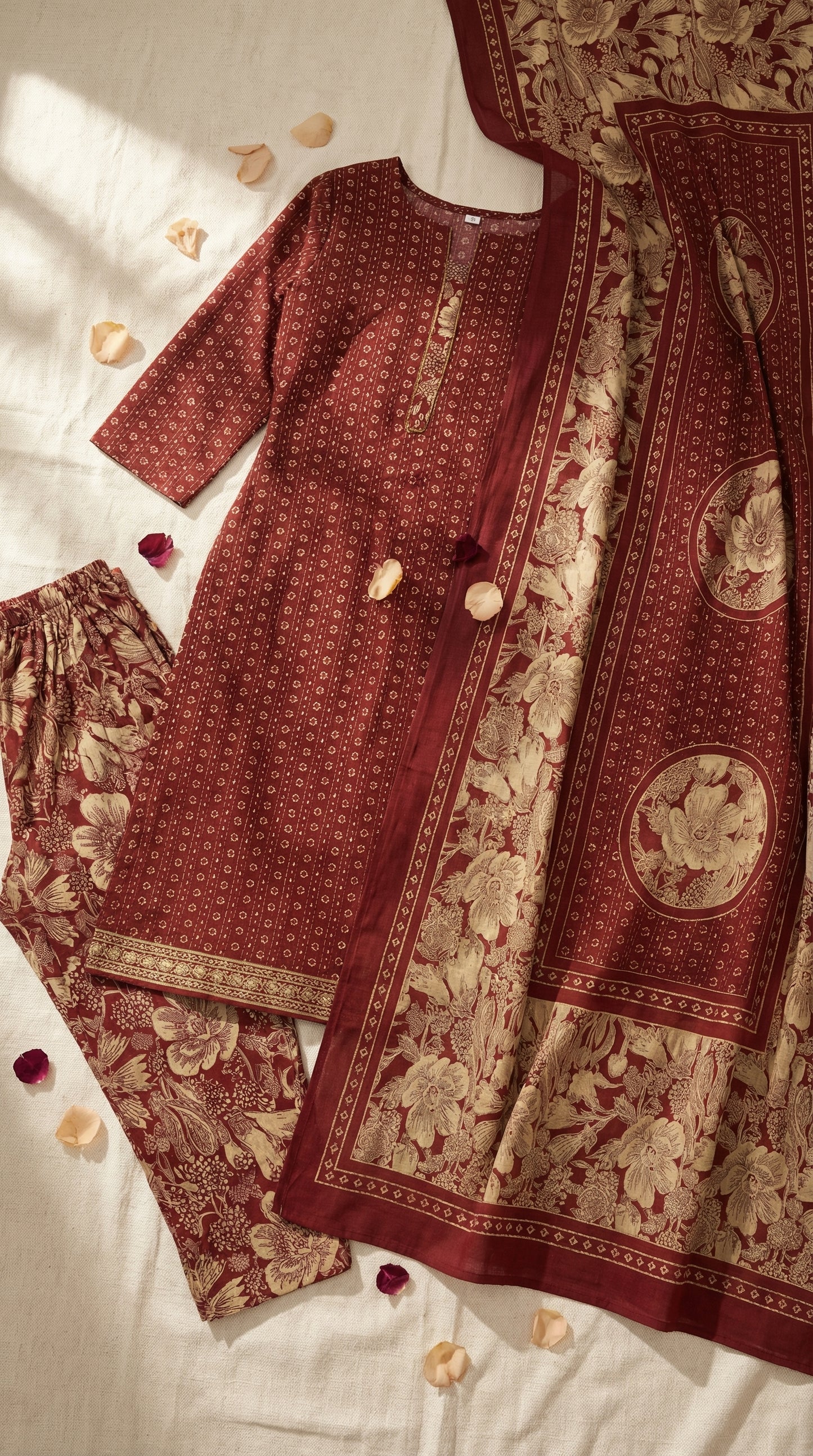 Earthy Maroon & Cream Floral Cotton Salwar Suit Set