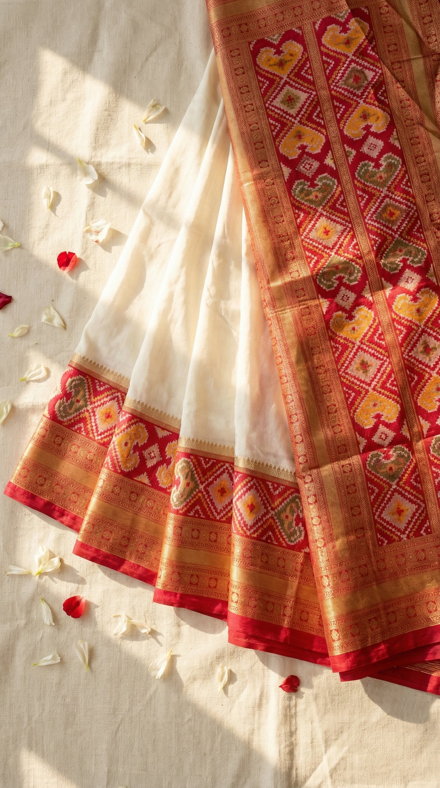 The Heritage Ivory Fusion – Off-White & Crimson Patola Silk Saree