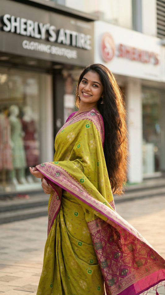 The Spring Bloom – Olive Green & Magenta Patola Silk Saree