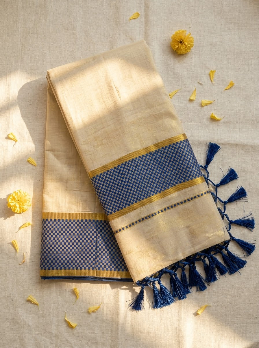 Balaramapuram Heritage – Handloom Cotton Kasavu Saree with Wine Checkered Border