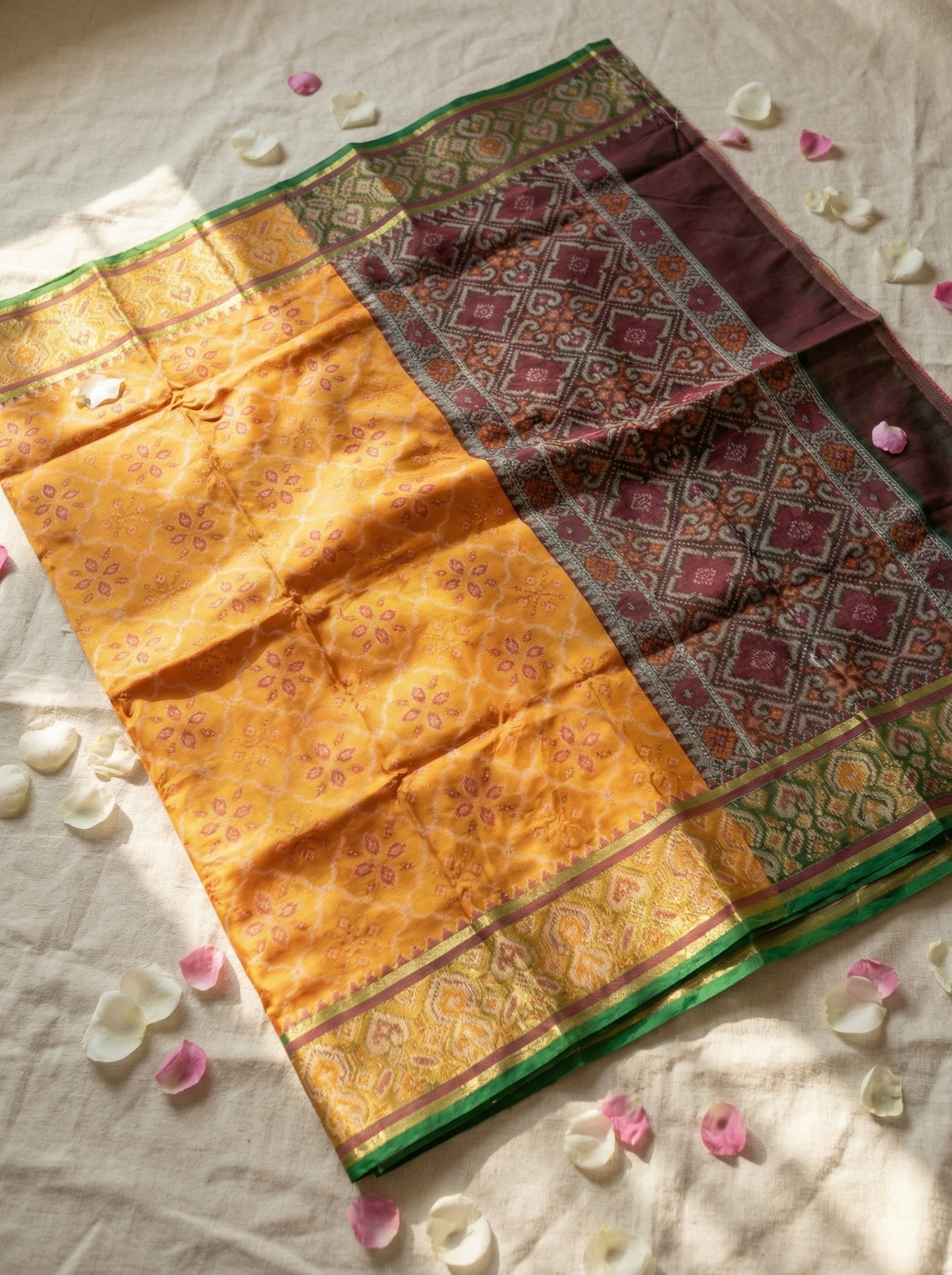 The Golden Harvest – Mustard & Deep Maroon Patola Silk Saree