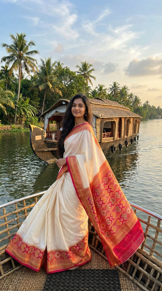 The Heritage Ivory Fusion – Off-White & Crimson Patola Silk Saree