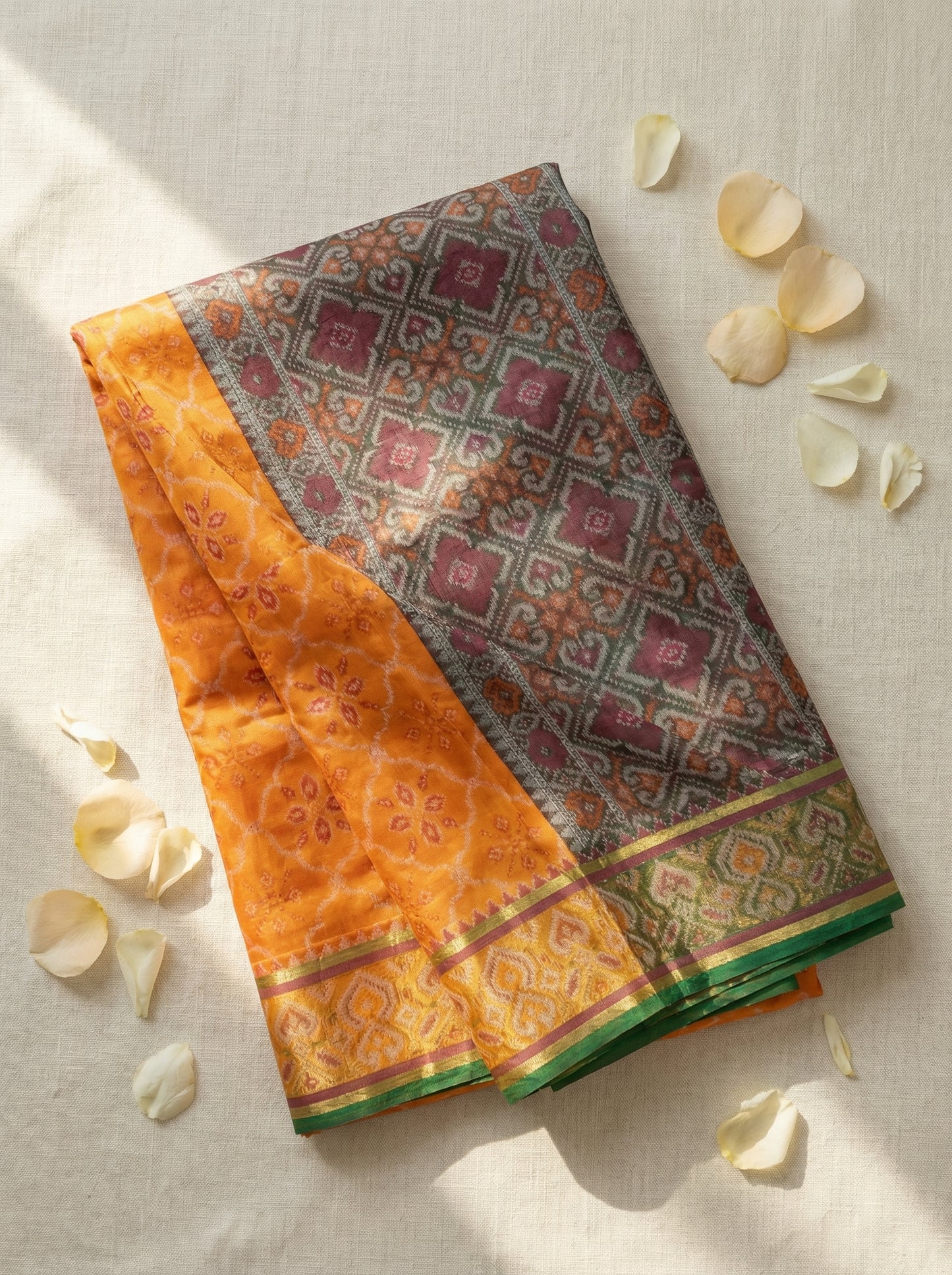 The Golden Harvest – Mustard & Deep Maroon Patola Silk Saree