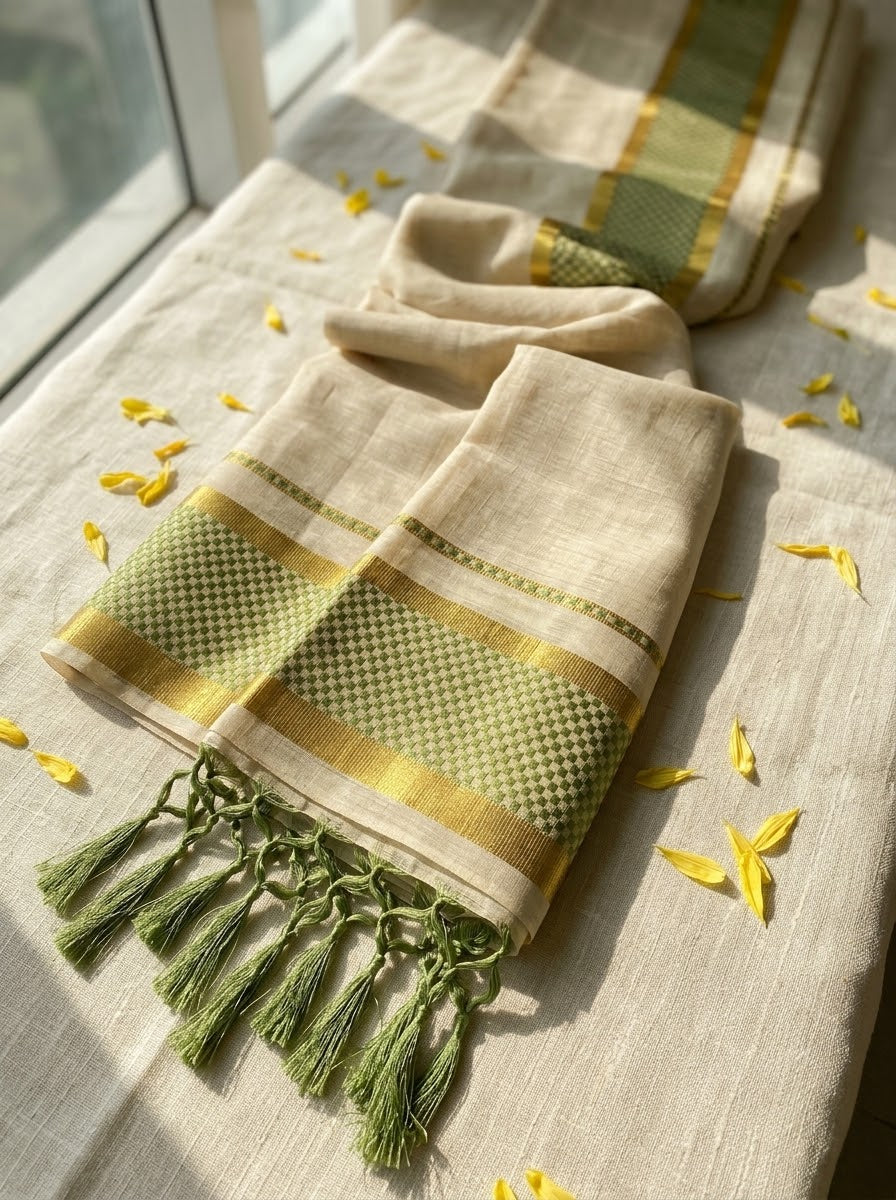 Balaramapuram Heritage – Handloom Cotton Kasavu Saree with Wine Checkered Border