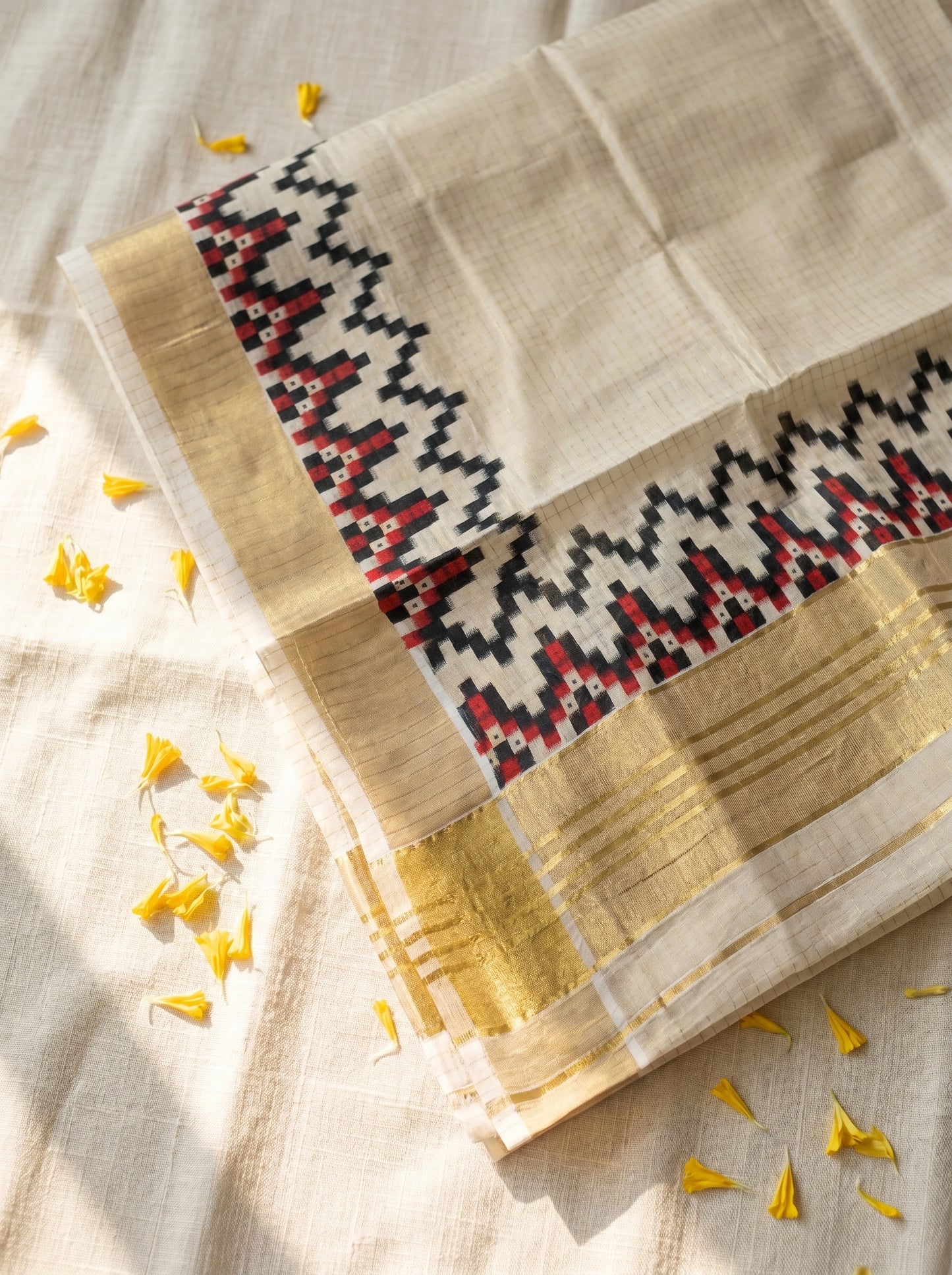 Tissue Cotton Kasavu Saree with Red & Black Threadwork