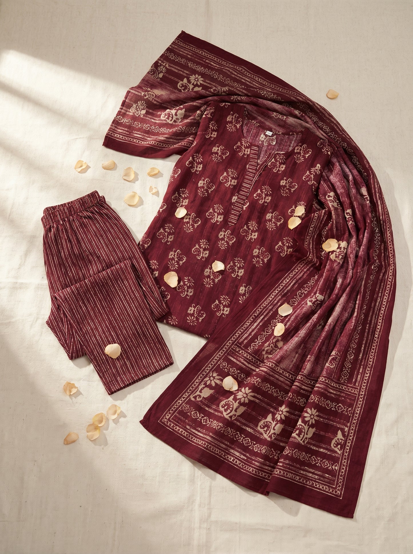 The Rustic Vineyard – Wine Red Block-Printed Cotton Salwar Set