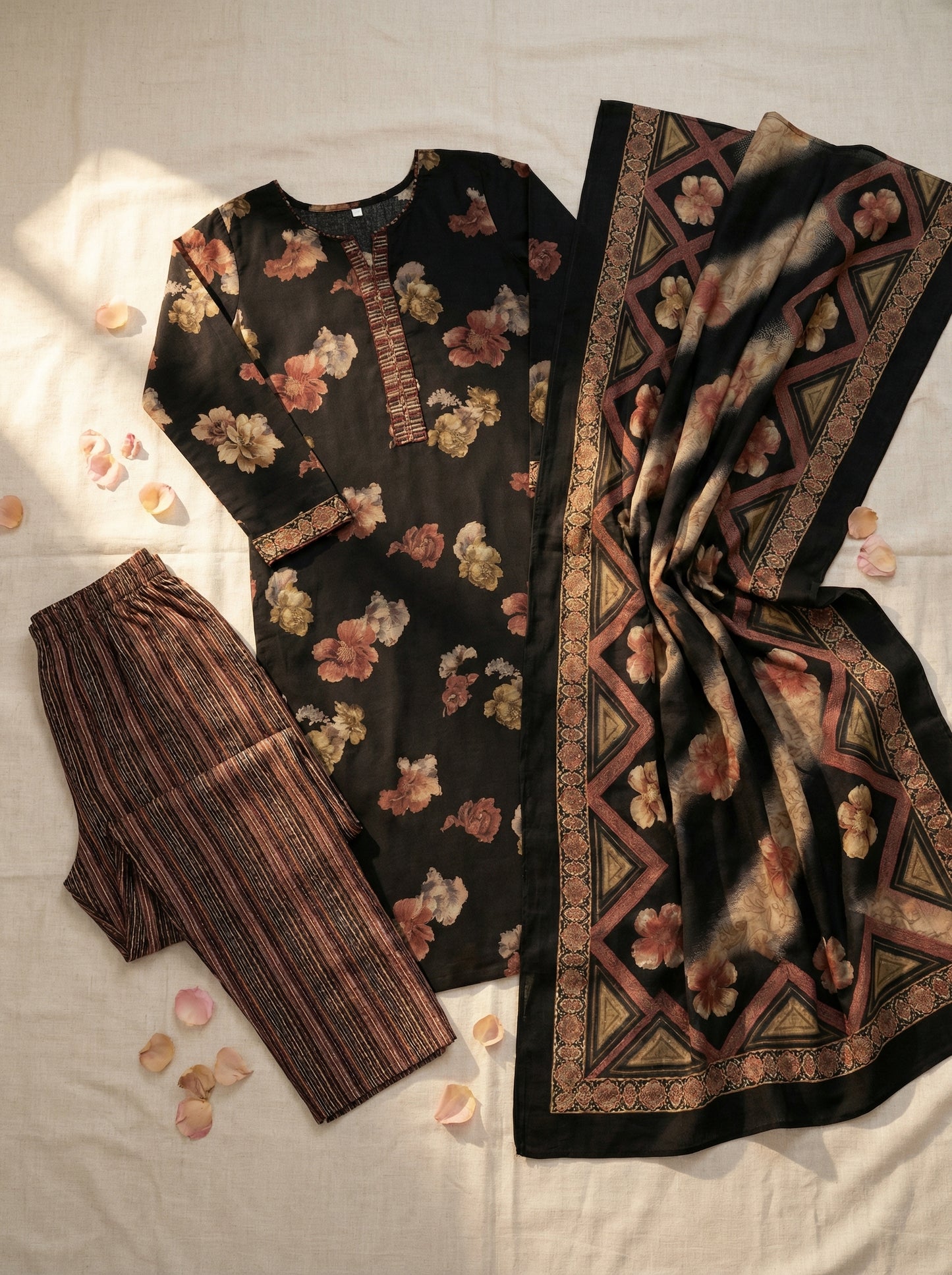 Midnight Bloom – Black & Earthy Floral Cotton Salwar Suit Set