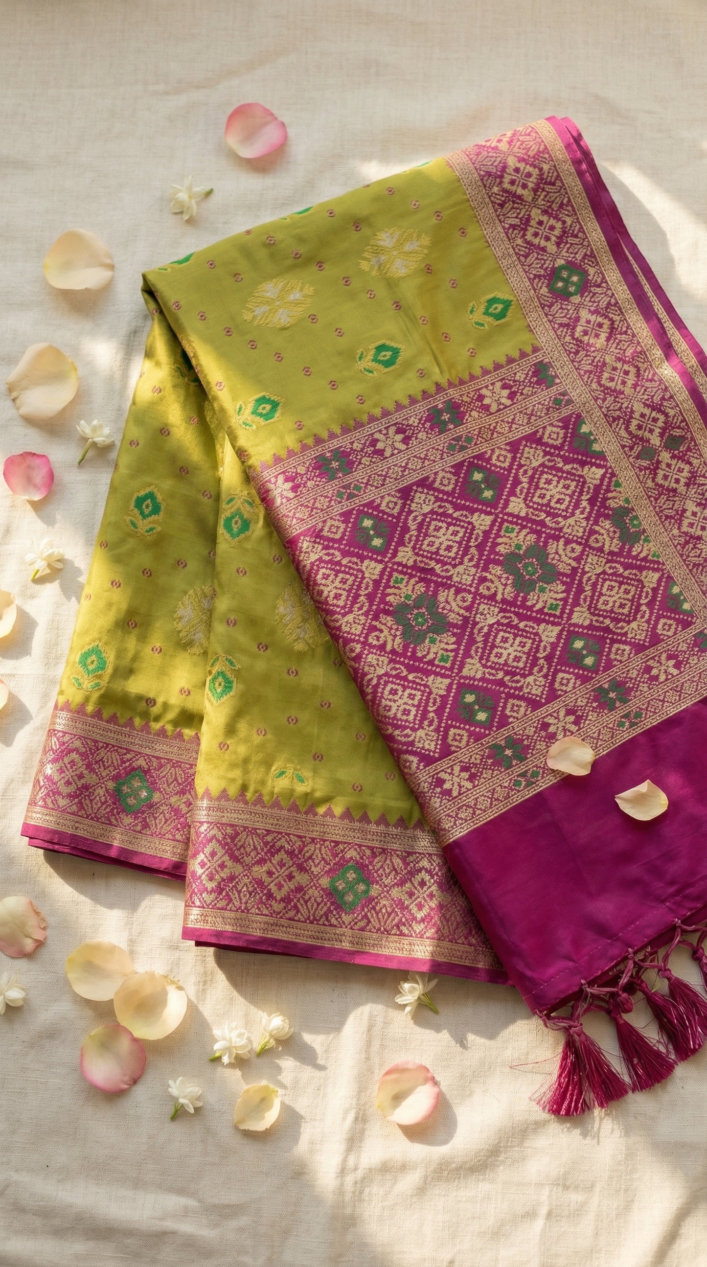 The Spring Bloom – Olive Green & Magenta Patola Silk Saree