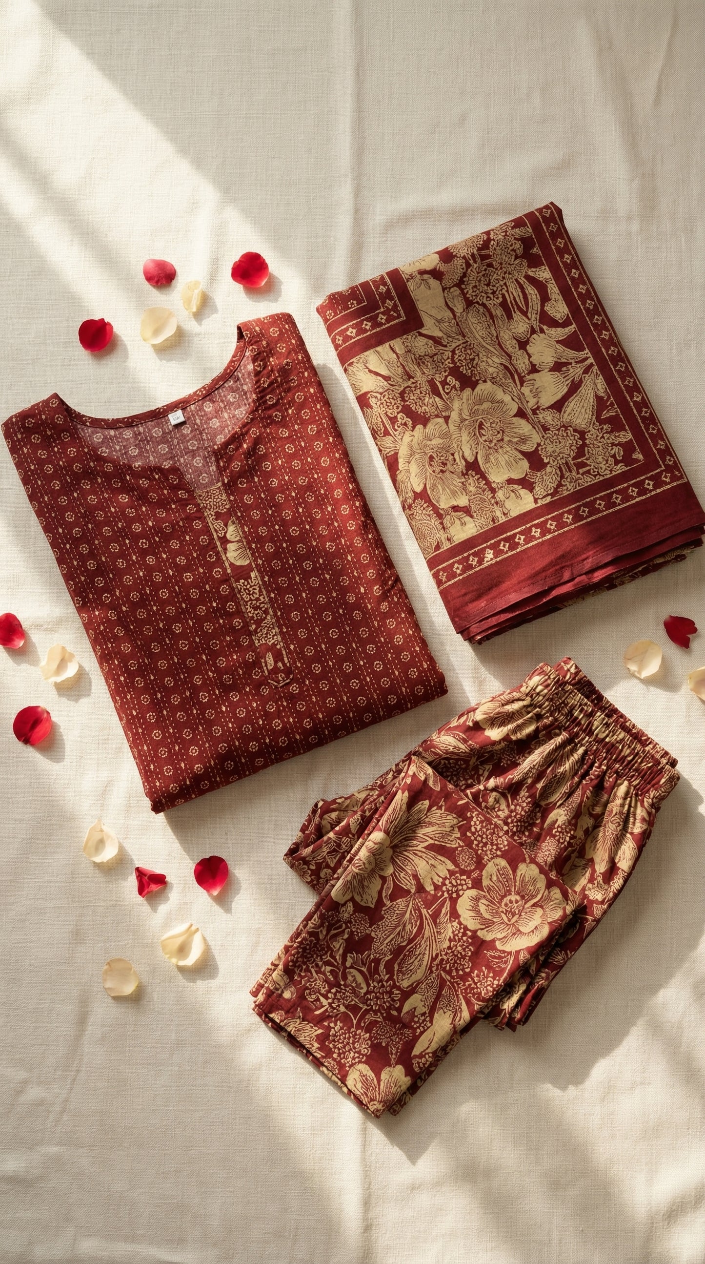 Earthy Maroon & Cream Floral Cotton Salwar Suit Set