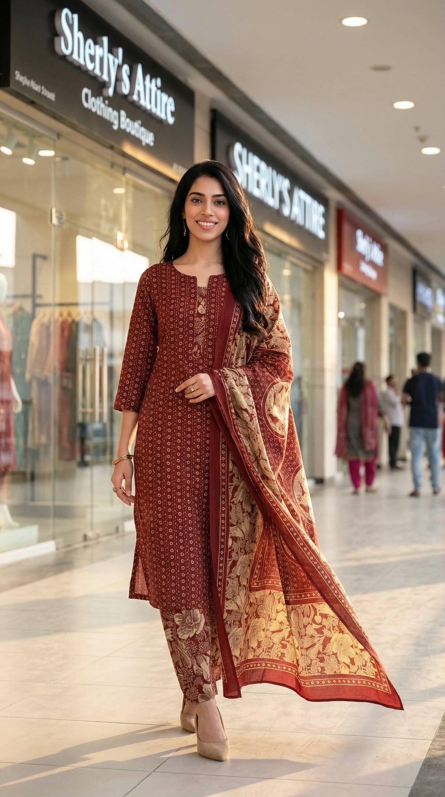 Earthy Maroon & Cream Floral Cotton Salwar Suit Set