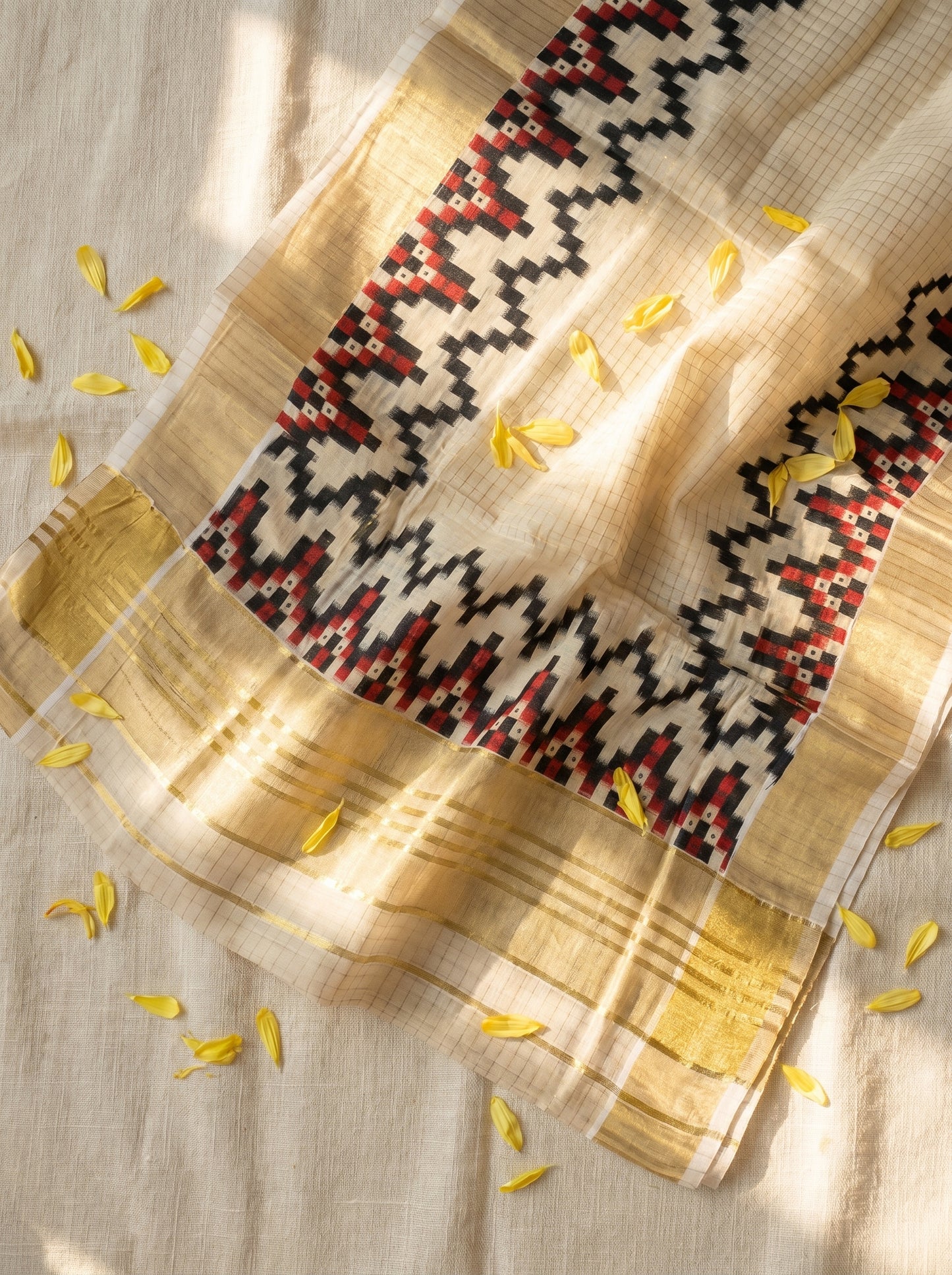 Tissue Cotton Kasavu Saree with Red & Black Threadwork
