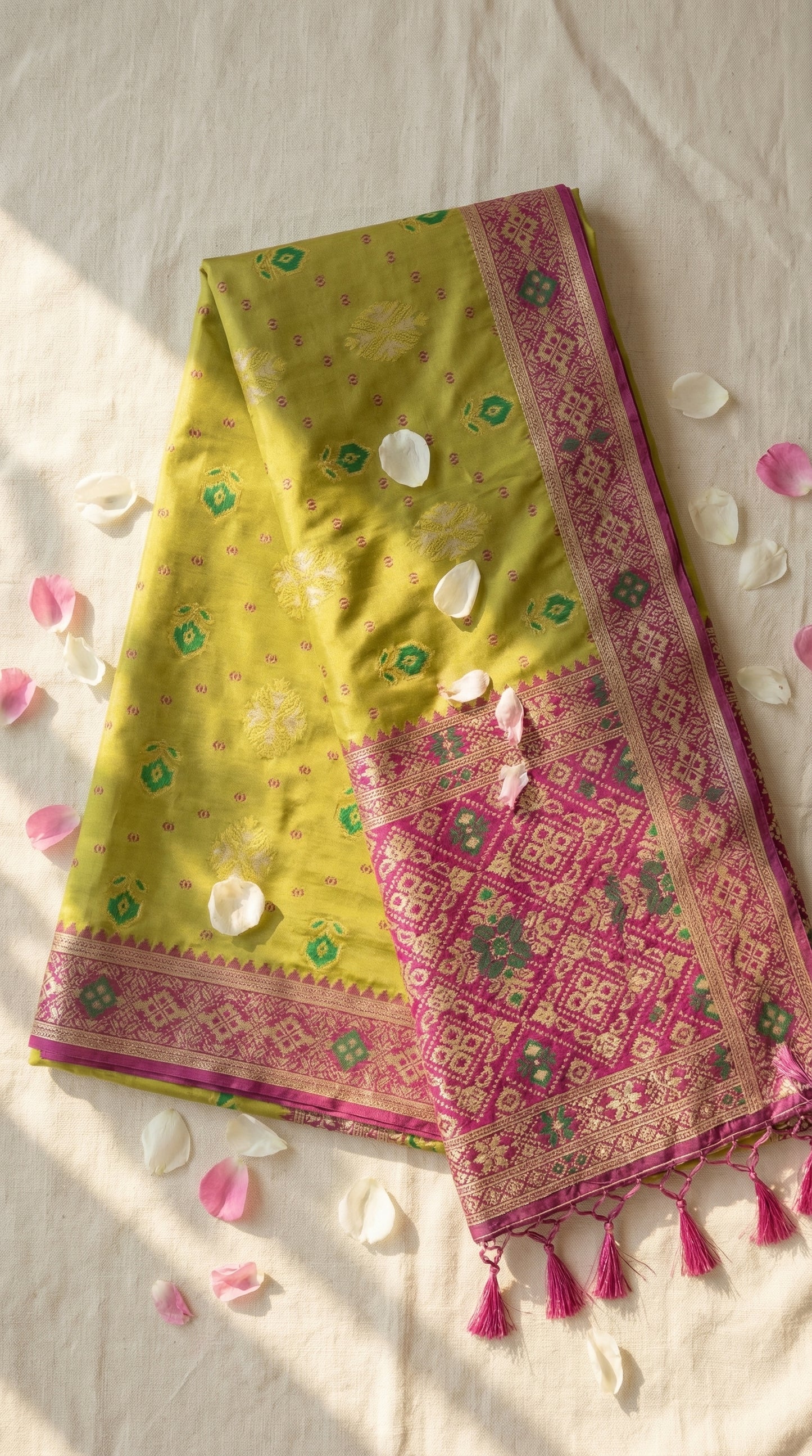The Spring Bloom – Olive Green & Magenta Patola Silk Saree