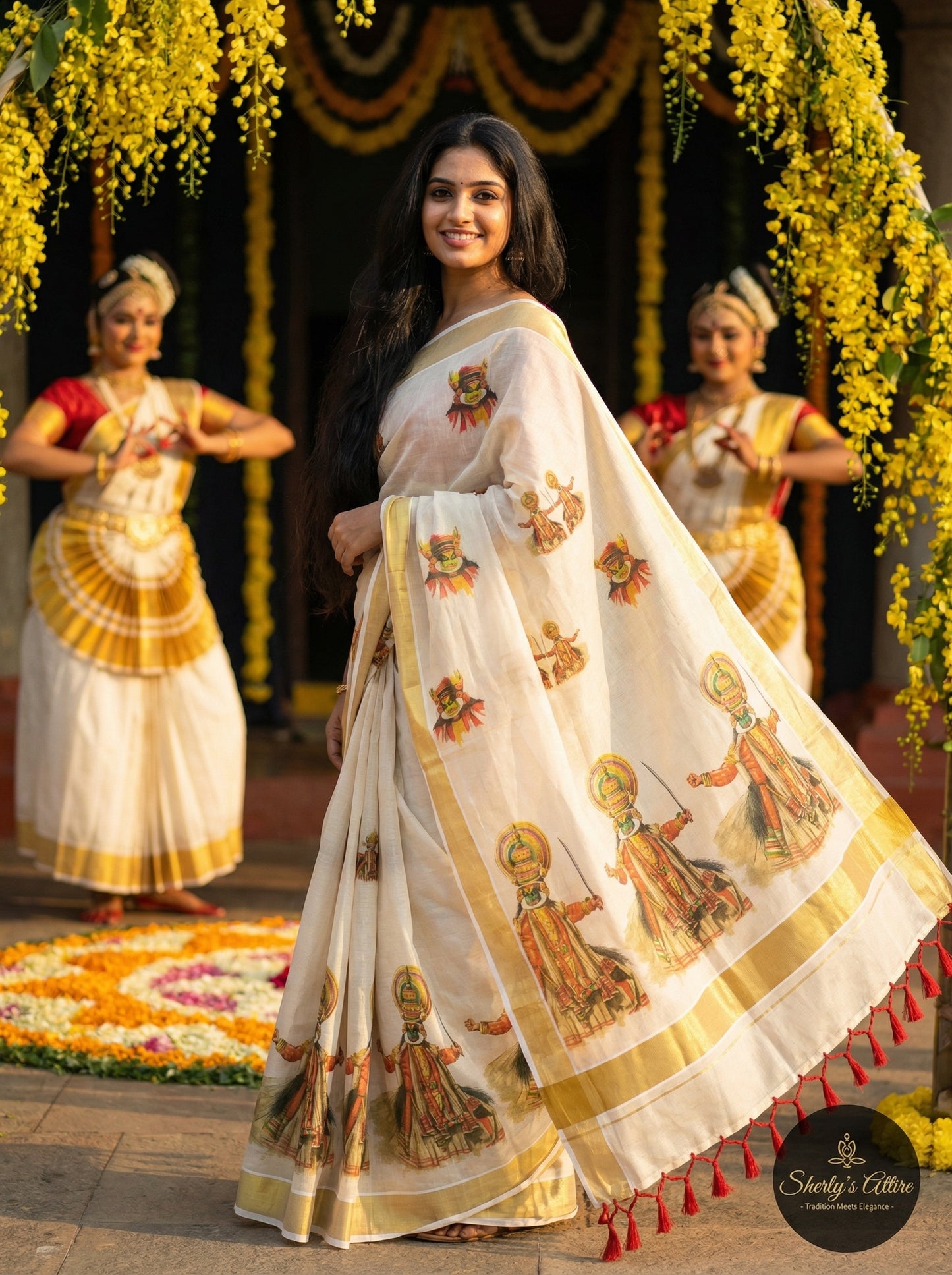 Kerala Heritage Mural Print Kasavu Sari