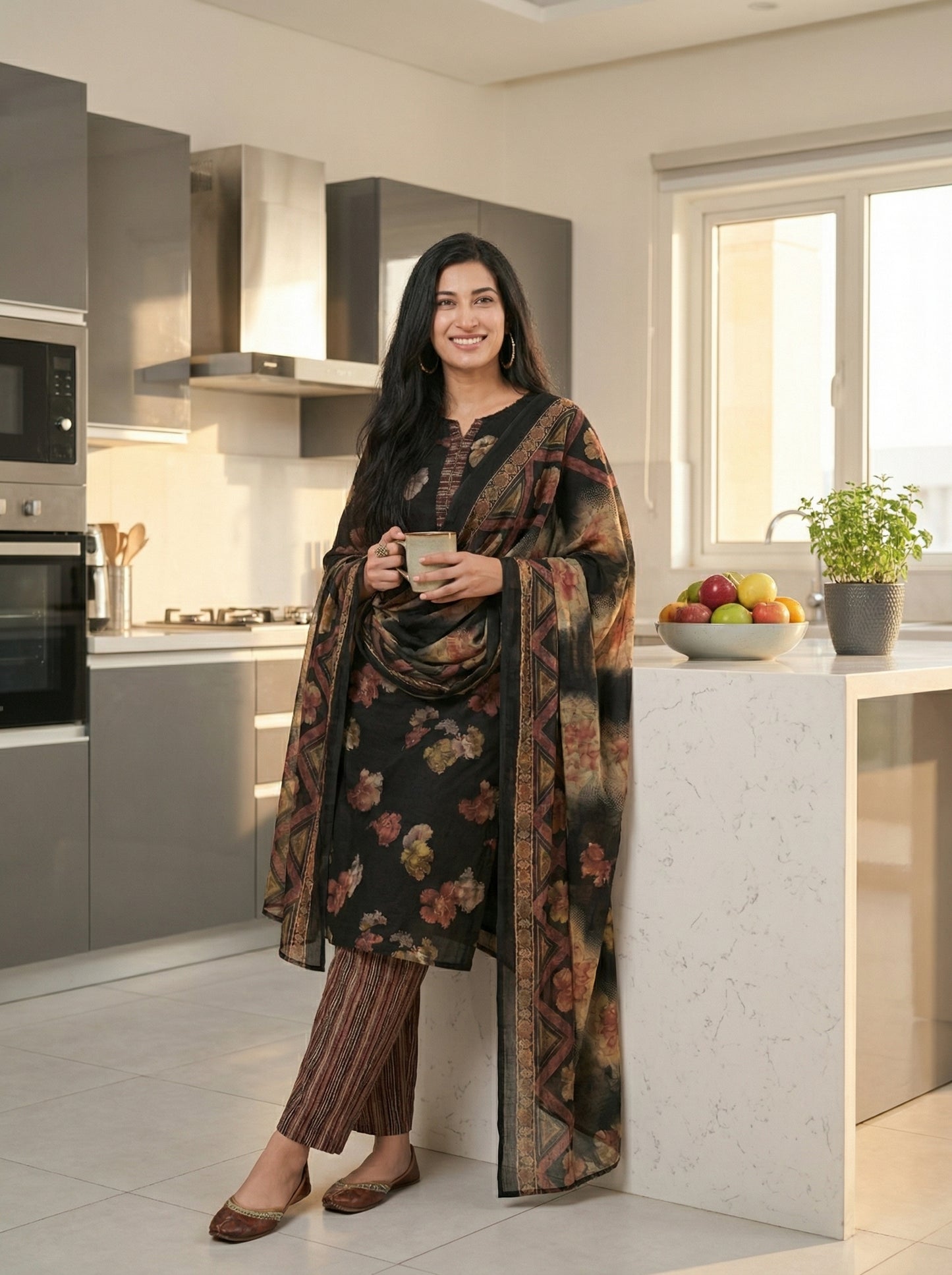 Midnight Bloom – Black & Earthy Floral Cotton Salwar Suit Set