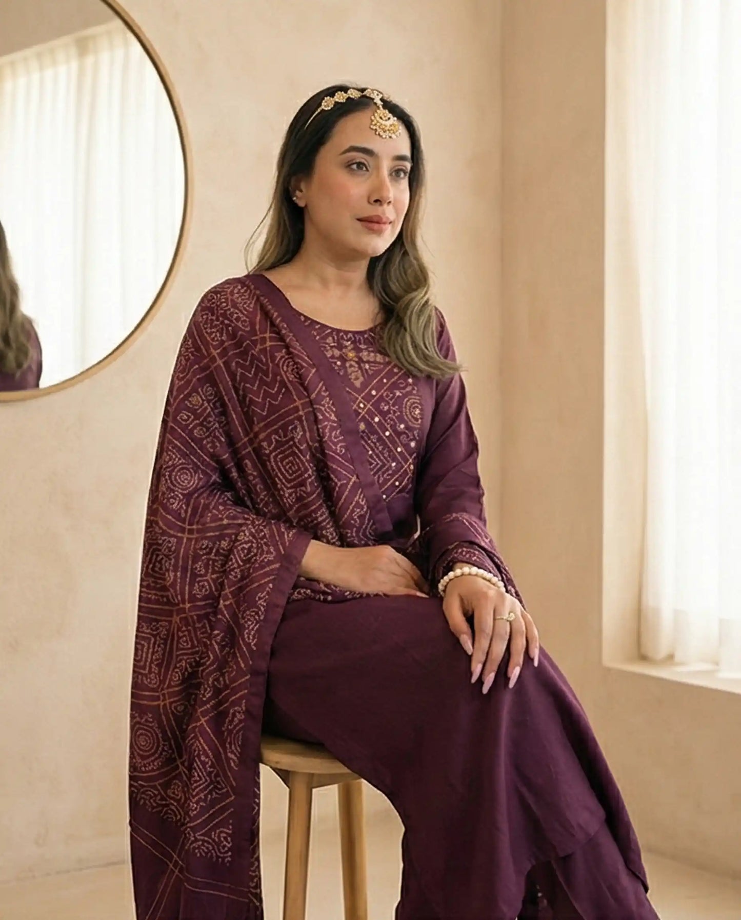 Elegant Indian woman seated wearing a plum-colored ethnic kurti set with a gold-bordered dupatta
