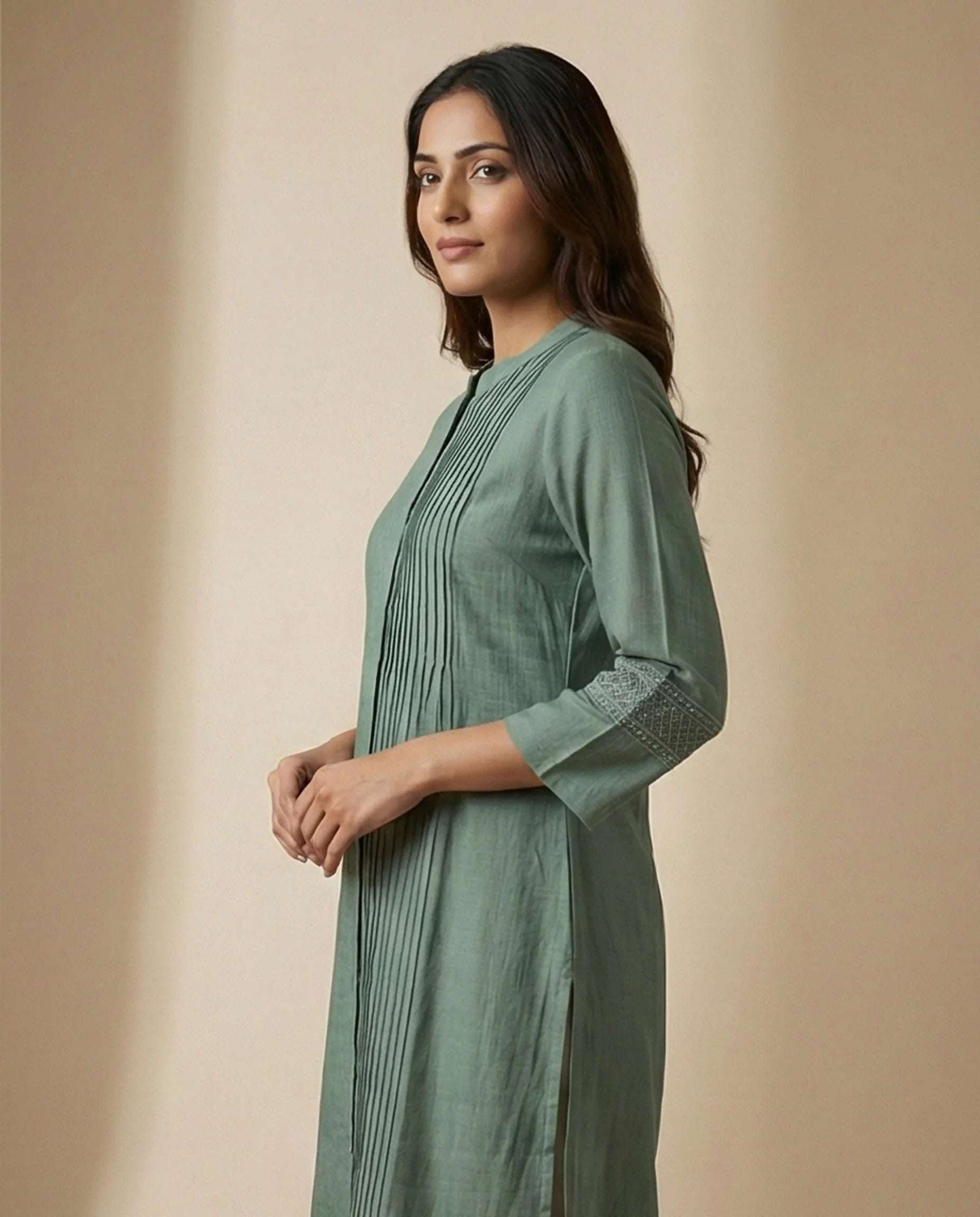Sage Green Pin-Tuck Cotton Kurta with Embroidered 3/4 Sleeves