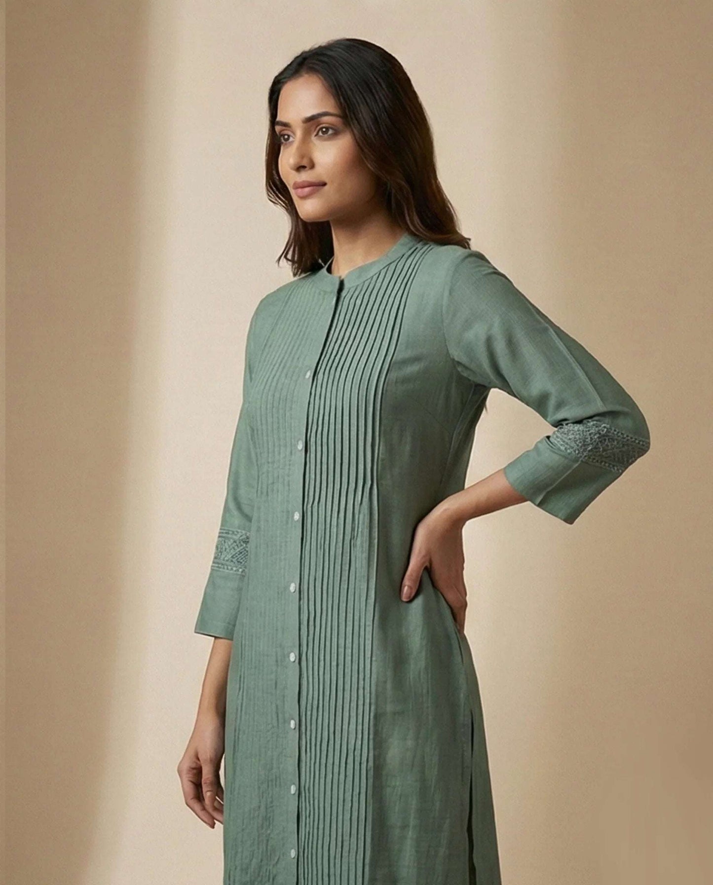 Sage Green Pin-Tuck Cotton Kurta with Embroidered 3/4 Sleeves