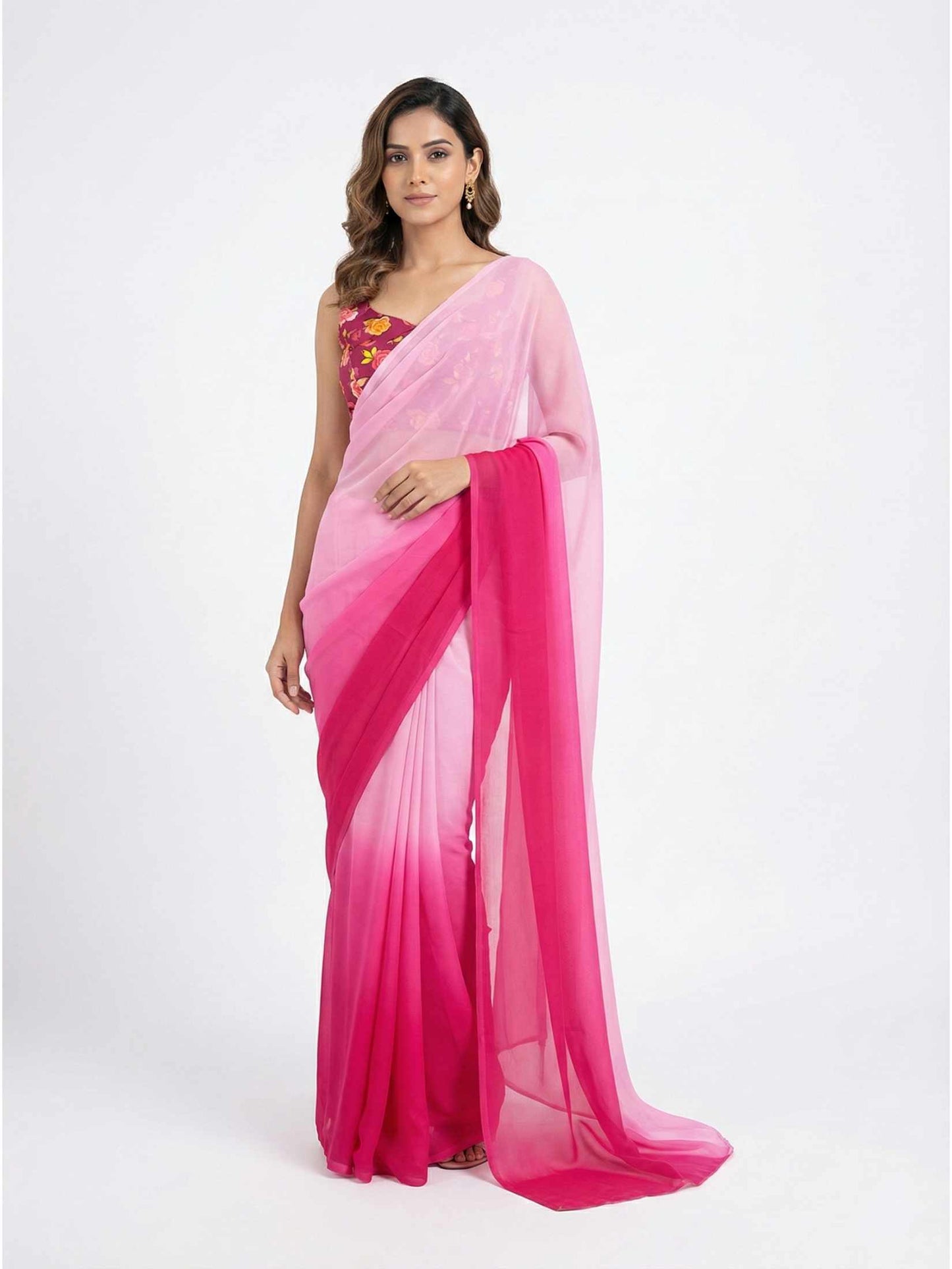 Elegant Ombre Pink Organza Saree with Digital Floral Print Blouse Piece Set