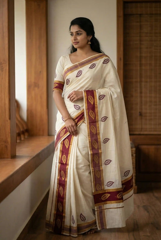 Woman wearing a white saree with red and gold border indoors.

