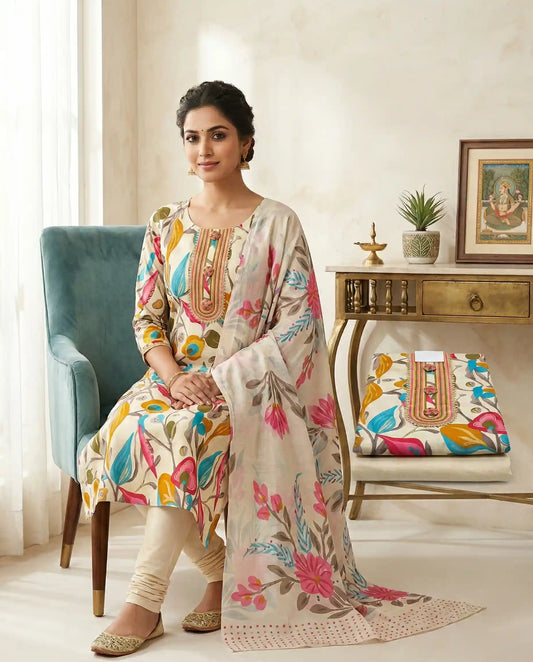 Premium  Unstitched Churidar Material Set cream