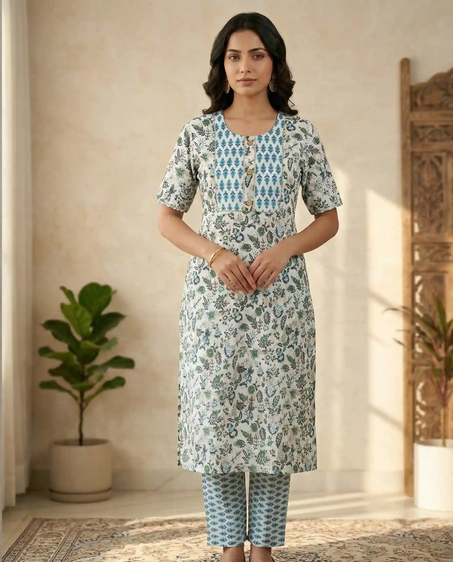 Floral Block Print Cotton Kurti  Set - White & Blue