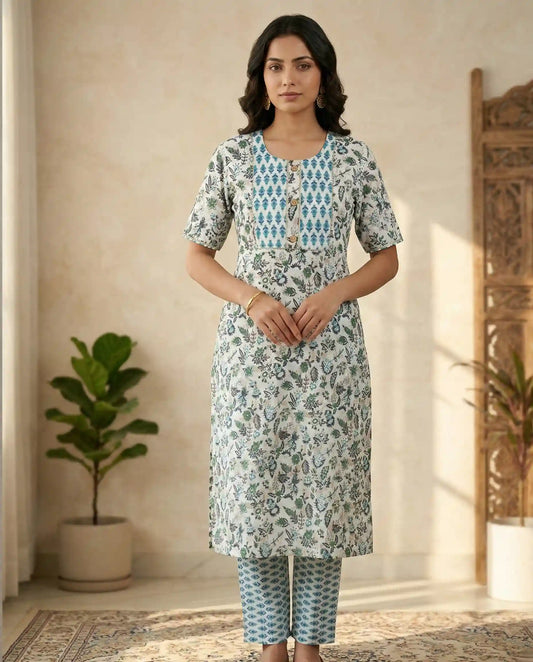 Floral Block Print Cotton Kurti  Set - White & Blue