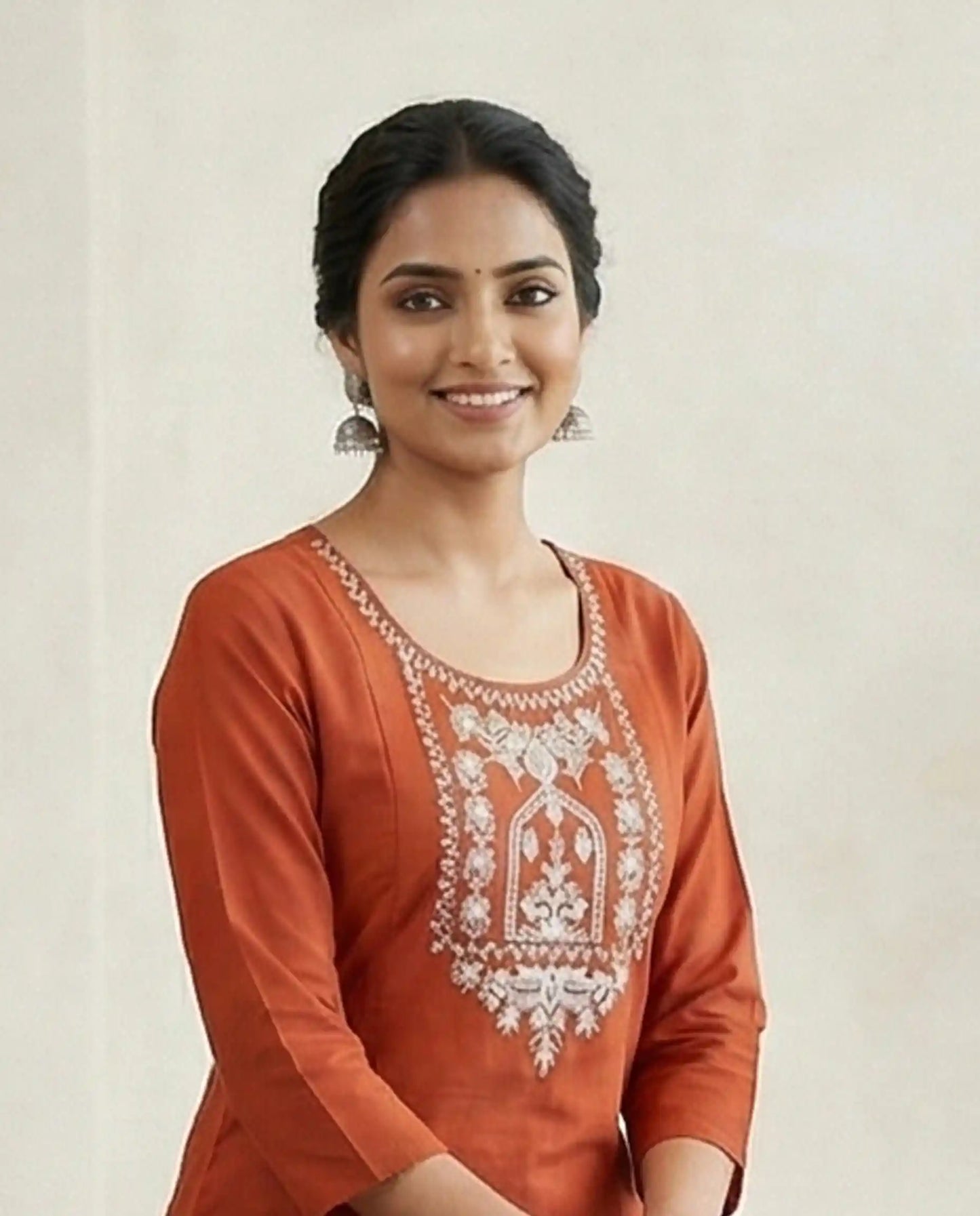 Rust Embroidered Cotton Silk Kurti Set with Pants