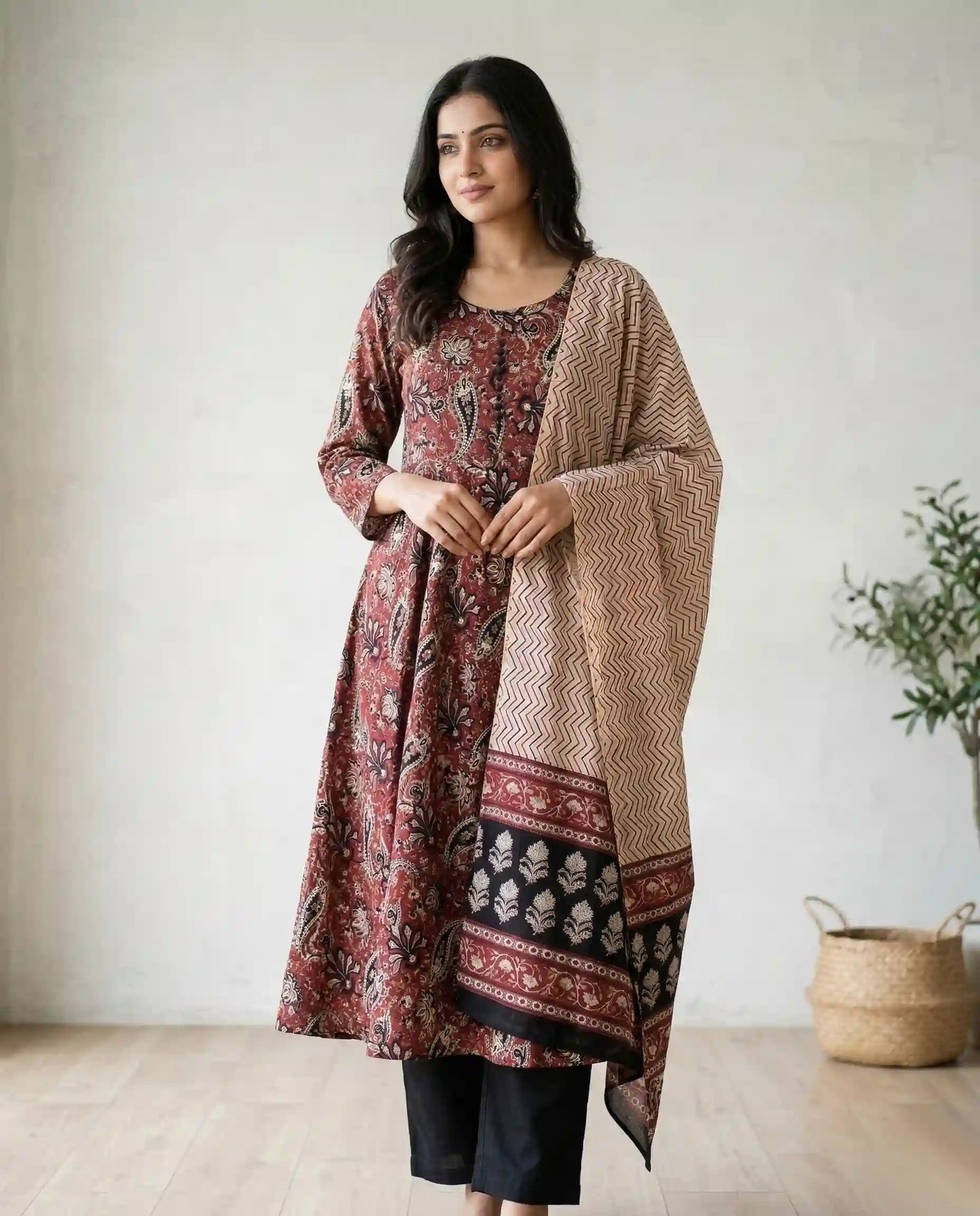 Maroon Paisley Print Anarkali Kurti Set