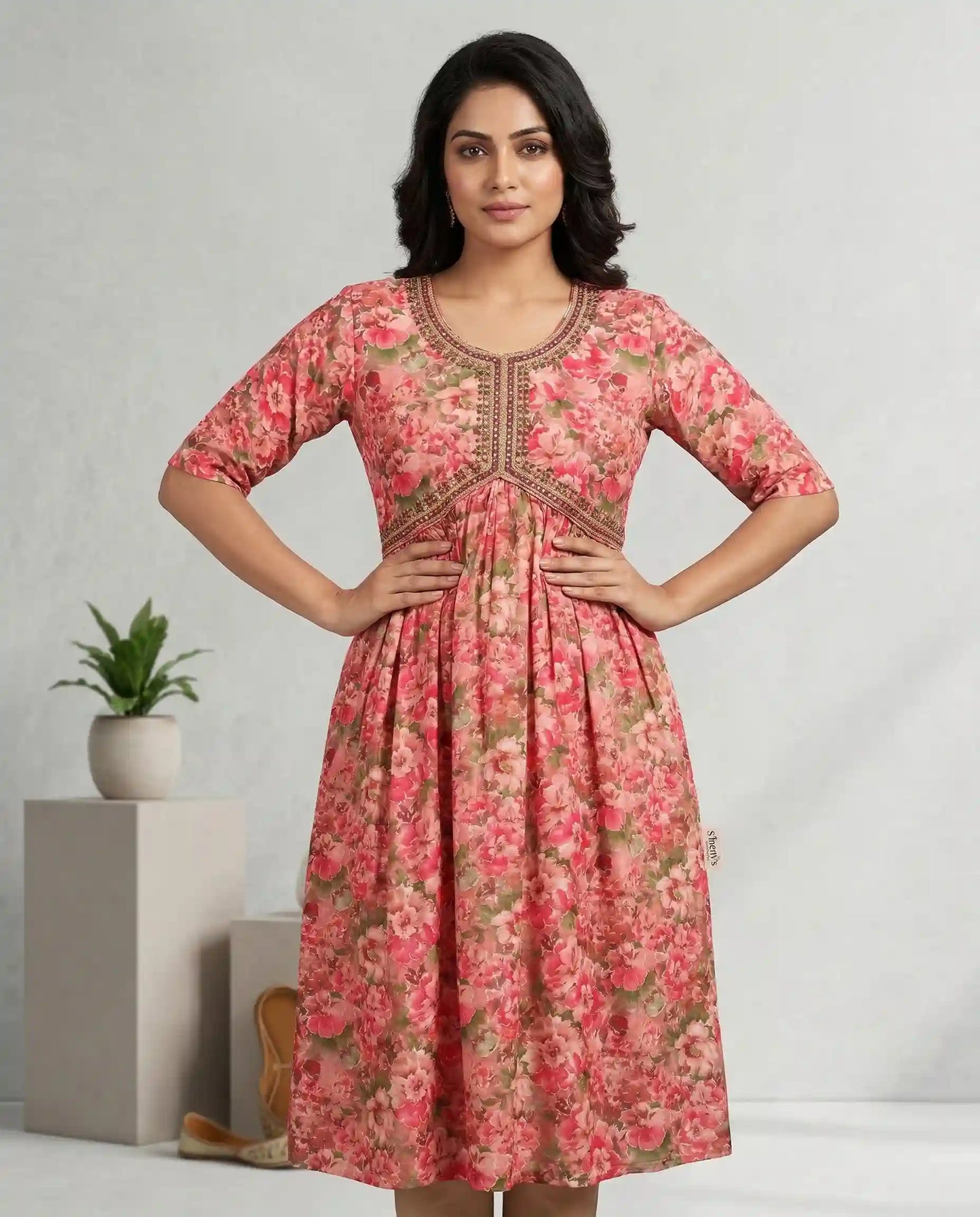 peach Floral Embroidered Kurti for Women