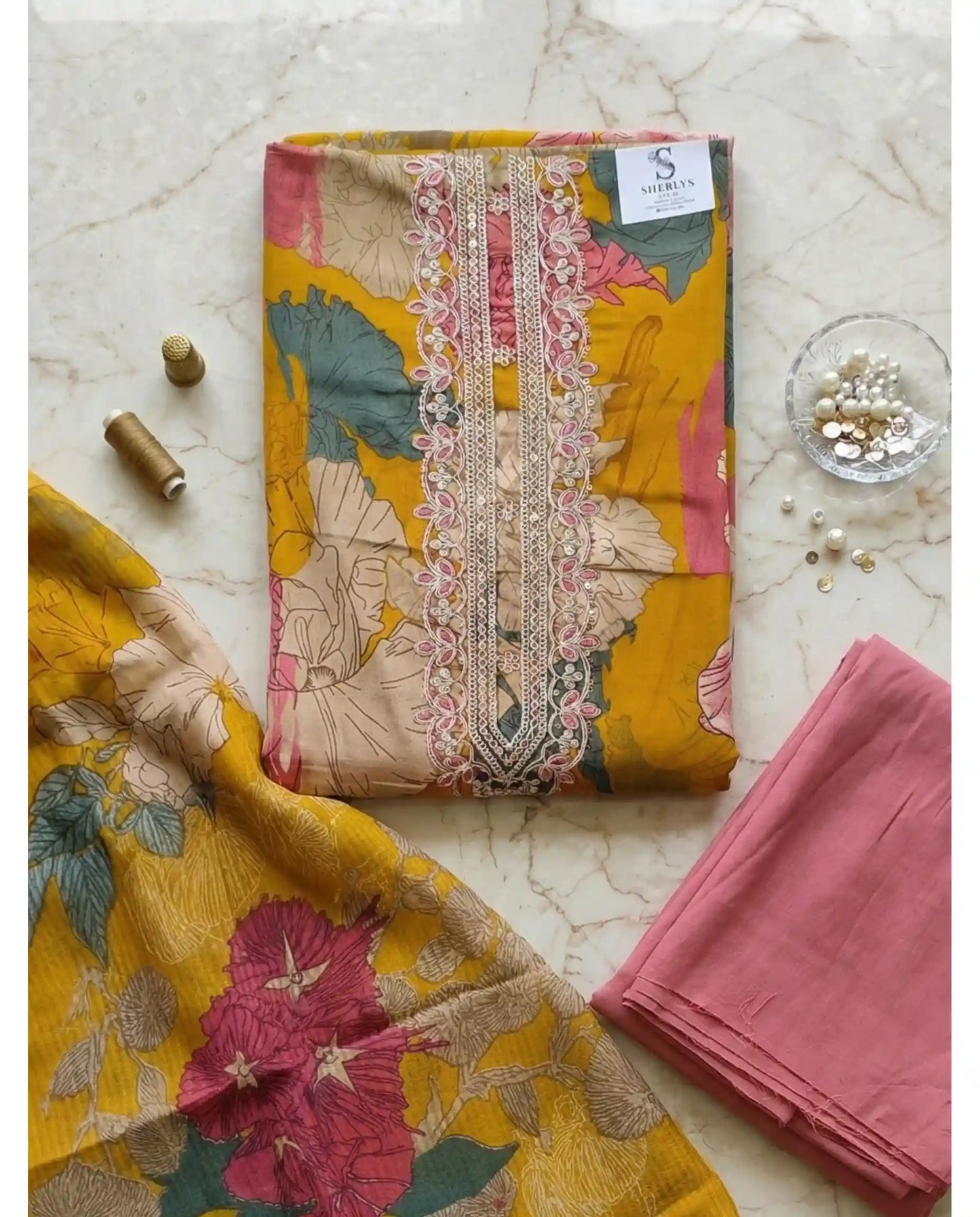 Premium  Floral Print Churidar Material Set – Mustard Yellow & Rose Pink